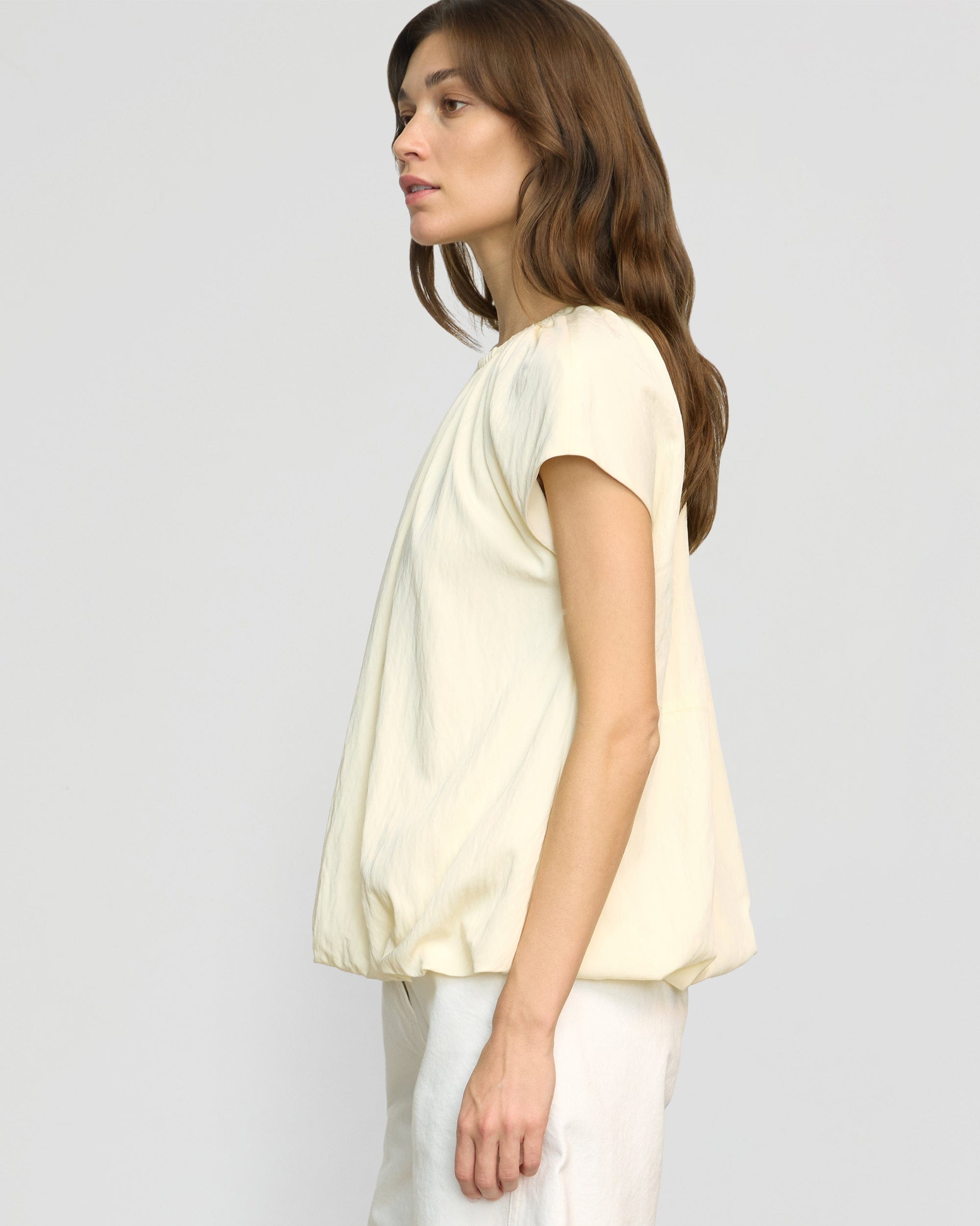 Orinda Women's Shirred Neck Bubble Hem Blouse - Elegant Flowy Top for Casual Wear, Office & Date Night | Plus Size & Petite Options Available