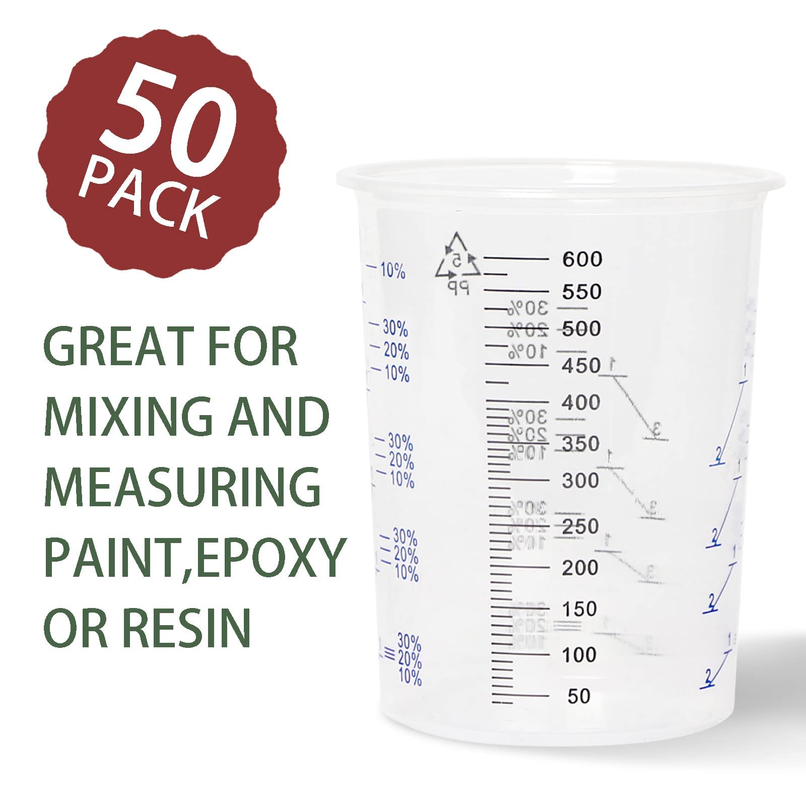 FEXIA 50-Pack 600ml (20oz) Disposable Plastic Measuring Cups for Epoxy Resin, Art Supplies, Cooking & Baking – Perfect for Mixing Resin, Mica Powder, Liquid Silicone & DIY Craft Projects