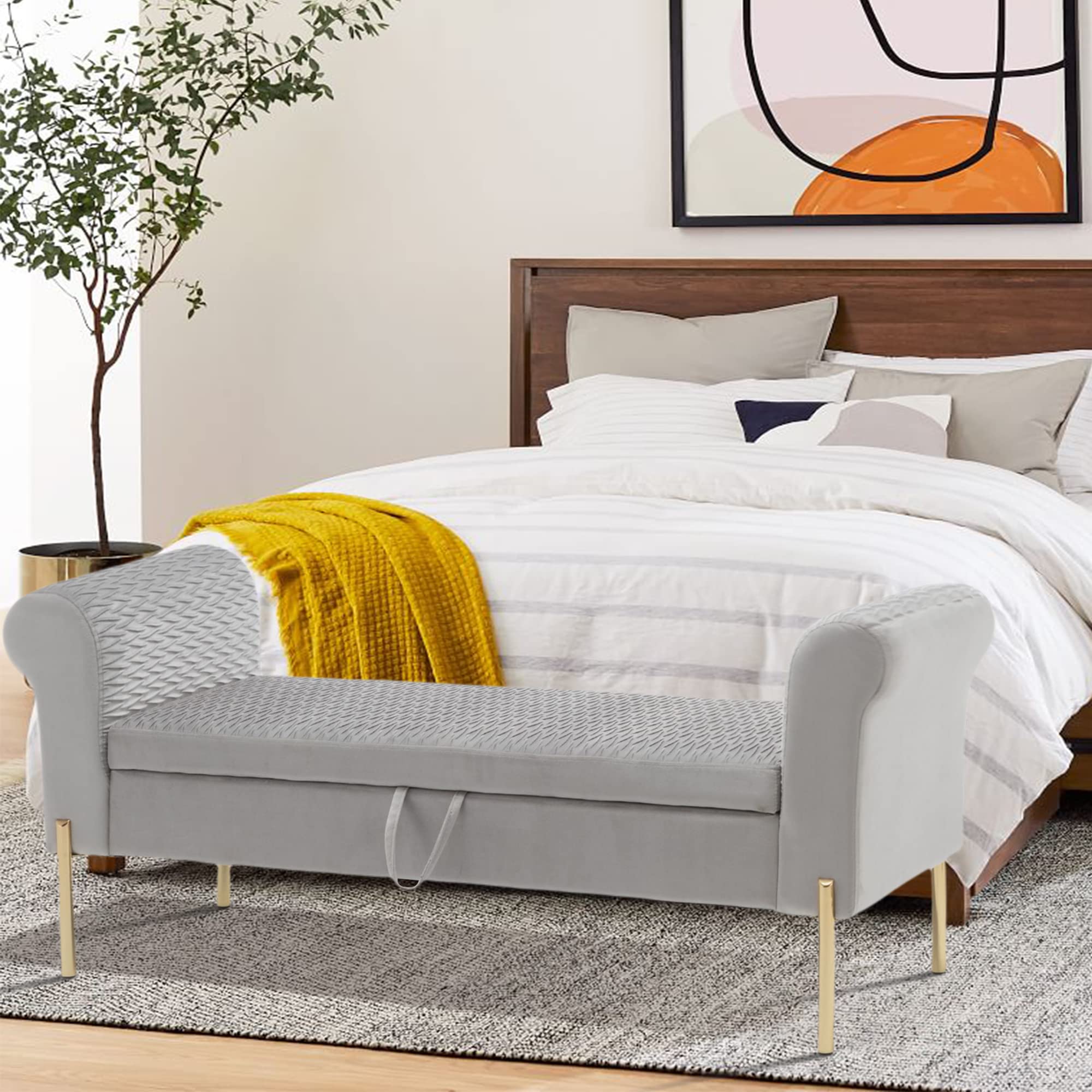 Modern Velvet Storage Ottoman Bench with Arms - Upholstered Footstool for Bedroom, Living Room & Entryway - Perfect for Seating, Storage & Home Decor
