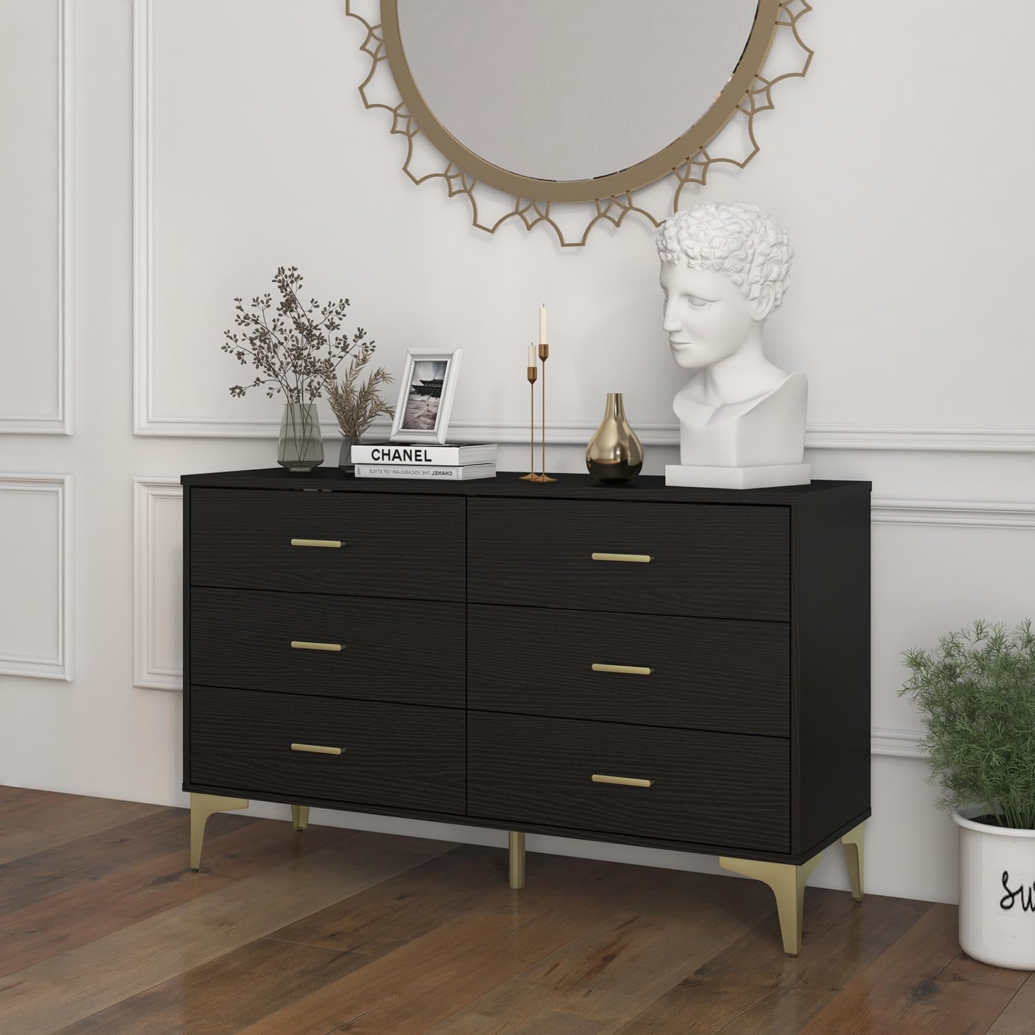 Modern 6-Drawer Wooden Dresser - Solid Wood Lateral Chest of Drawers with Wide Storage Drawers & Gold Metal Handles for Bedroom, Living Room, Hallway | Perfect for Closet Organization, Home Decor, and Entryway Storage