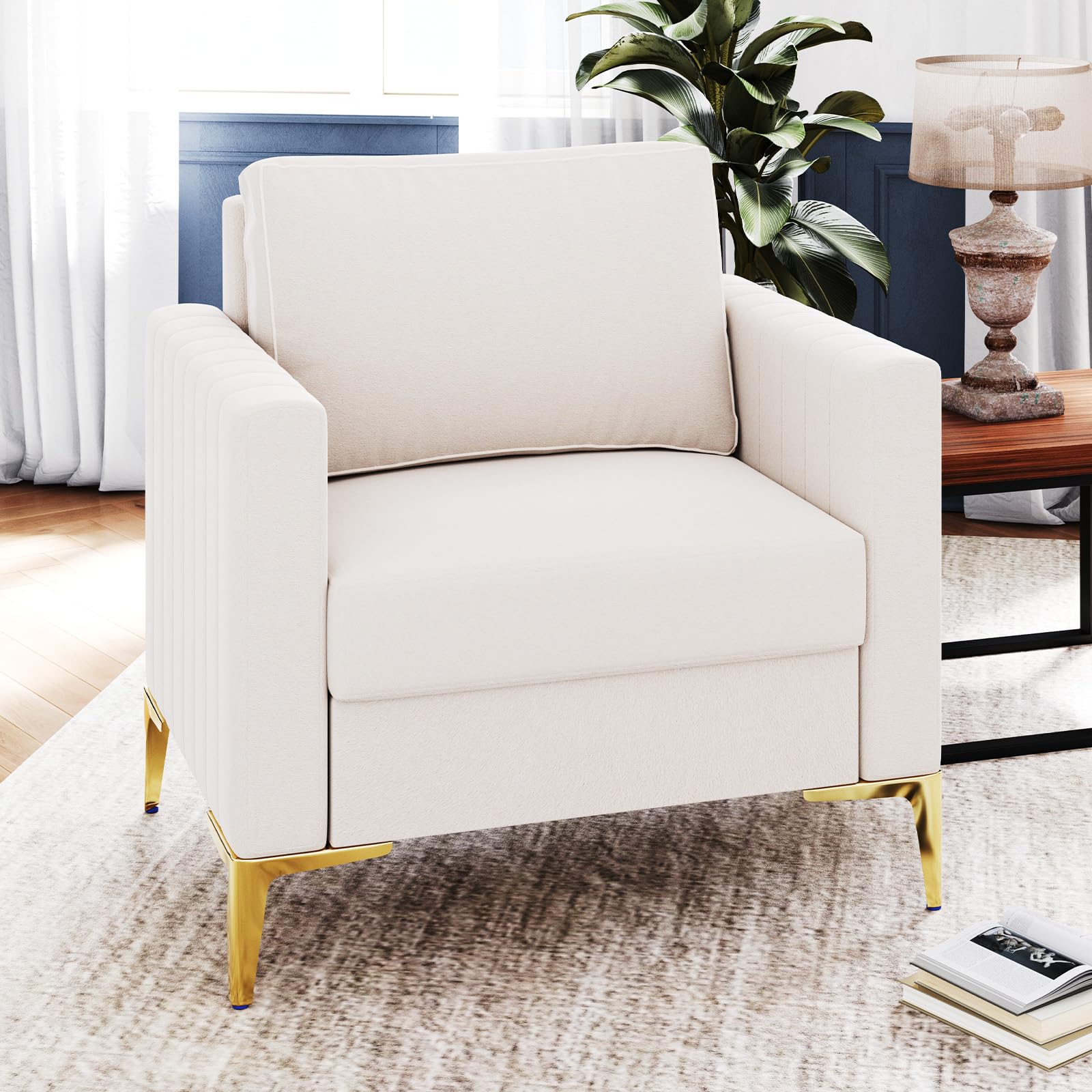 Avenco Modern Sofa & Armchair Set - Extra Deep Seat Accent Chairs, Ivory Upholstered Couch for Living Room, Apartment, Home Office | Perfect for Lounging, Entertaining & Small Space Decor