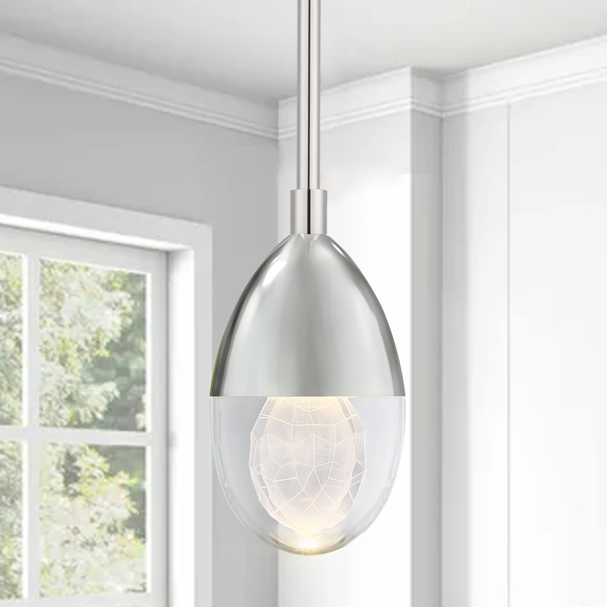 1-Light Globe Crystal Pendant Light - Polished Nickel Finish with K9 Crystal, Adjustable Height LED Modern Ceiling Fixture for Kitchen Island, Bedroom, Dining Room & Bathroom | Elegant Lighting for Home Decor & Interior Design