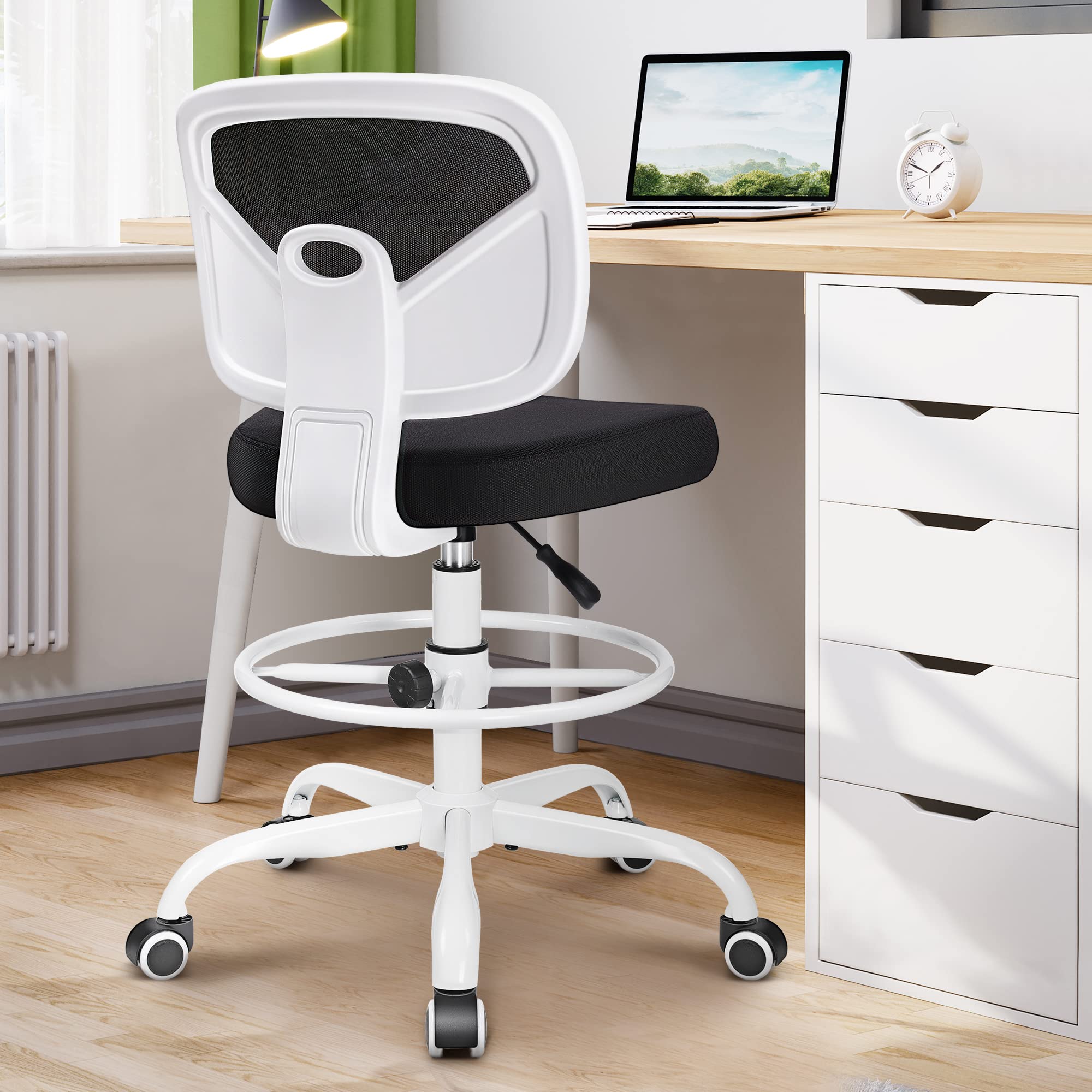Primy Ergonomic Drafting Chair - Adjustable Height Armless Office Chair with Footring, Mid-Back Mesh Rolling Stool for Artists, Standing Desk & Home Office (White) | Perfect for Art Studios, Architects & Long Work Sessions