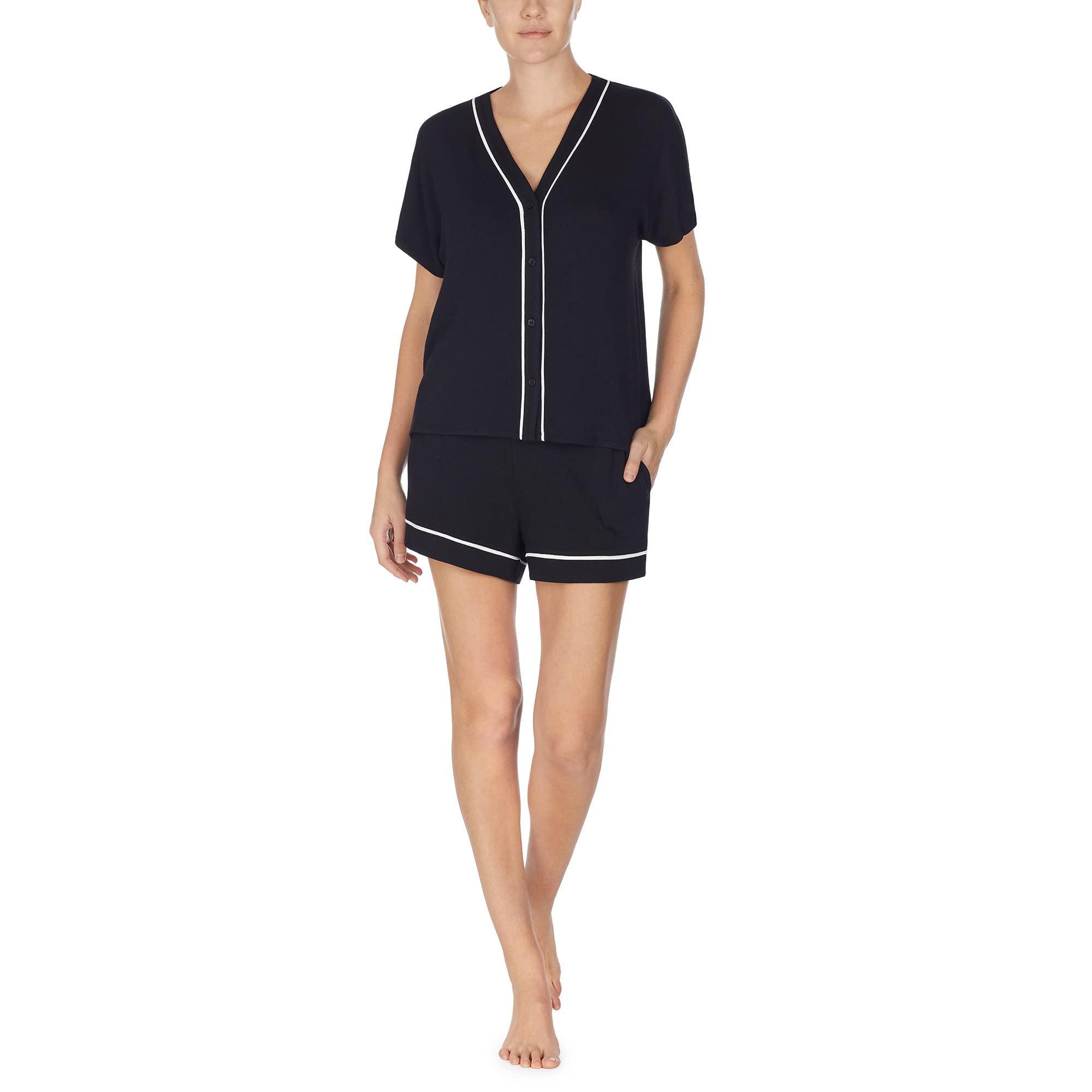 Donna Karan Women's Short Sleeve Top & Boxer Pajama Set - Soft Cotton Sleepwear for Lounge & Bedtime Comfort