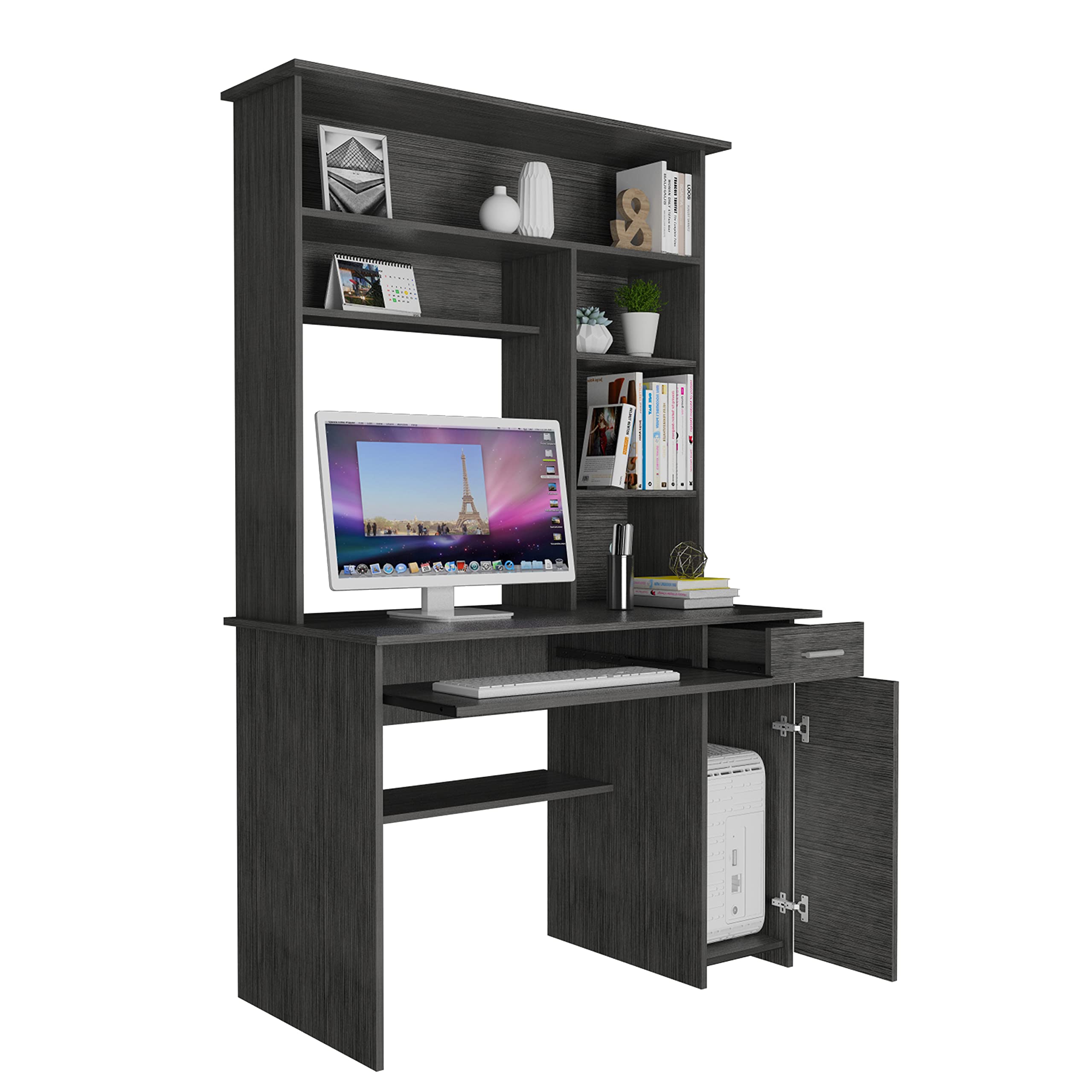 Weston 180 Two Computer Desk with Hutch - Retractable Keyboard Tray, Storage Drawer, CPU Stand & 6 Open Shelves in Smokey Oak Finish | Perfect for Home Office, Gaming Setup & Small Workspace