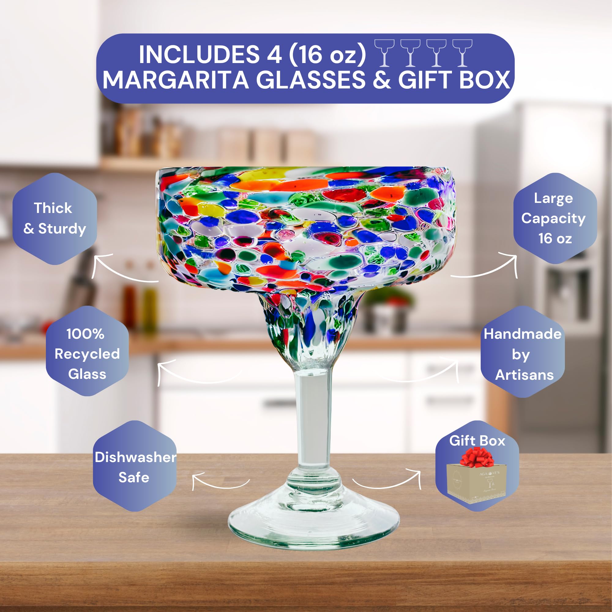 AGAVE'S GLASSWARE Handmade Mexican Margarita Glasses Set of 4 (16 oz) - Colorful Rock Coupe Cocktail Glasses with Gift Box | Perfect for Margaritas, Cocktails, and Party Entertaining