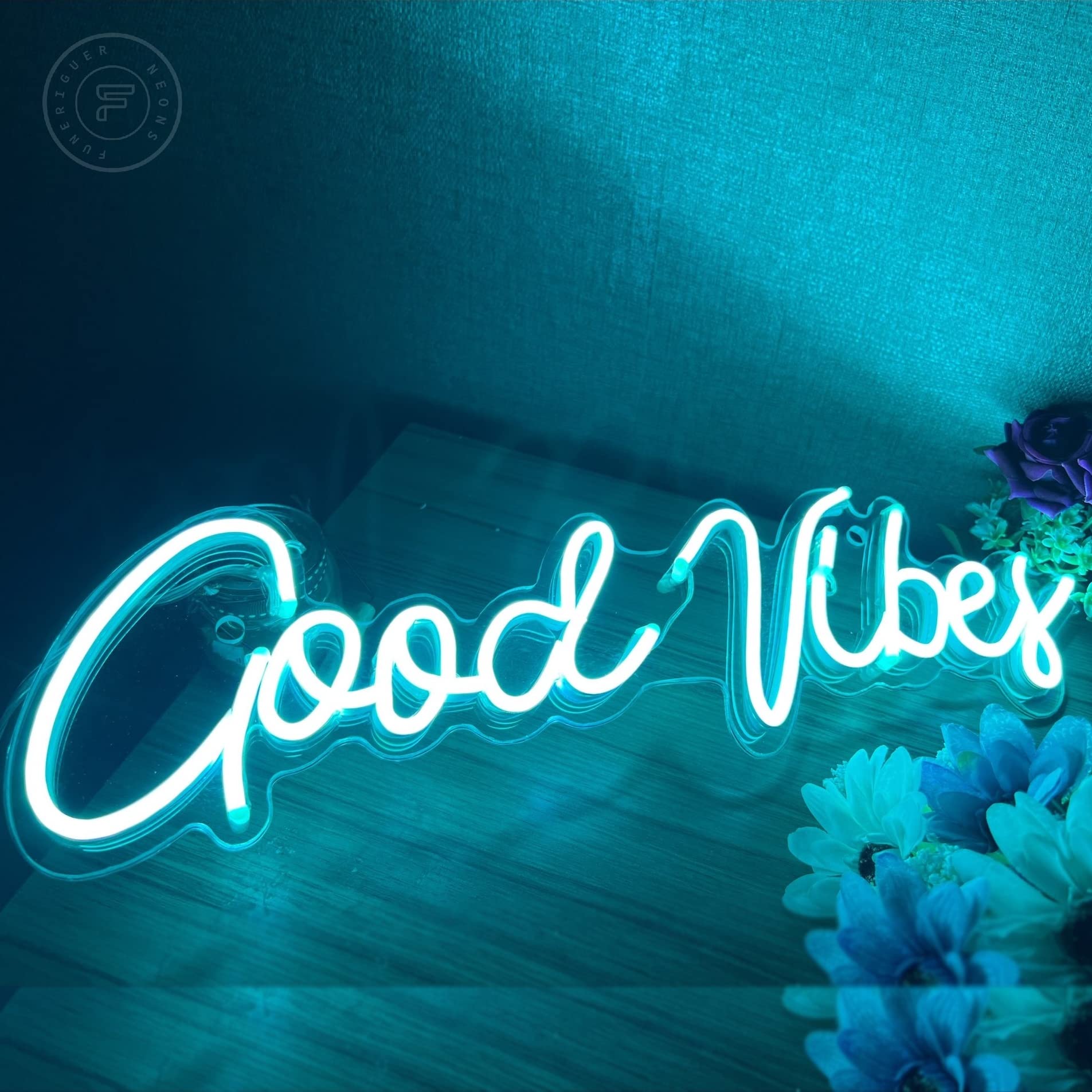 Good Vibes Neon Sign - Dimmable LED Wall Decor for Bedroom, Game Room & Parties | Ice Blue Aesthetic Lighting for Home & Bar Decor | Perfect for Wall Art, Gifts & Special Events