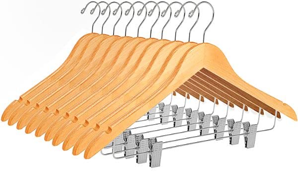 Premium 80-Pack Natural Wooden Skirt Hangers with Adjustable Chrome Metal Clips & Swivel Hook - Space-Saving Closet Organizer for Pants, Coats, Jackets, Blouses & Suits - Perfect for Home, Retail Stores & Dry Cleaning Businesses