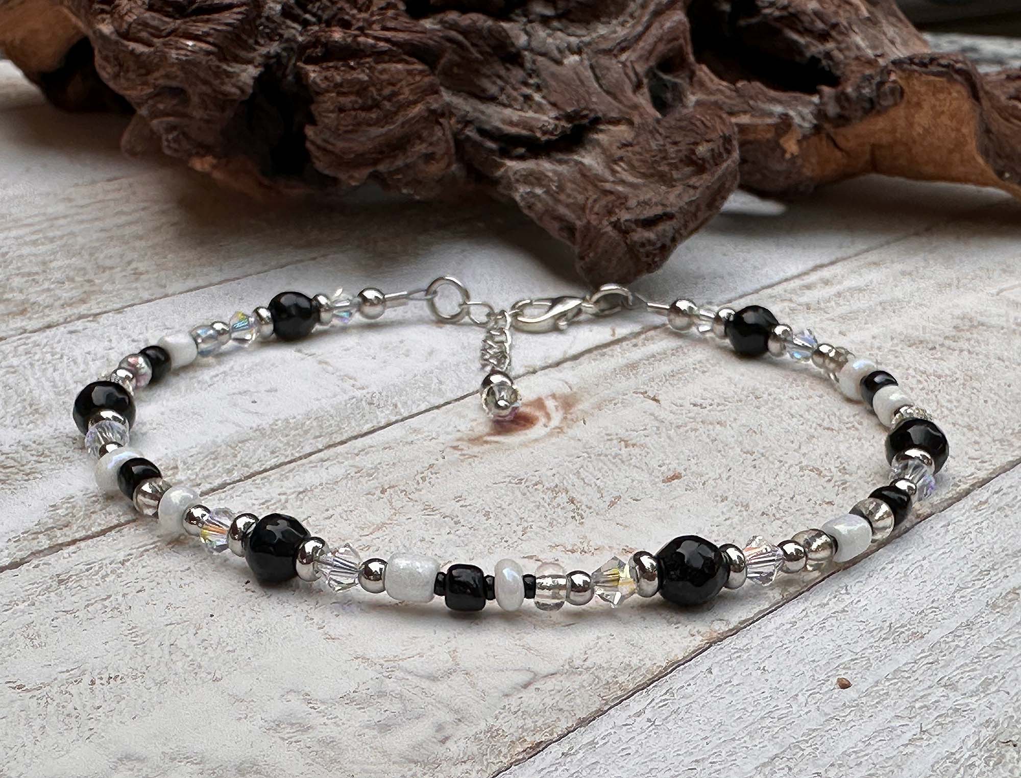Black Agate Gemstone Beaded Anklet Bracelet for Women - Handmade Adjustable Ankle Chain for Boho Style, Yoga, Meditation & Beach Wear