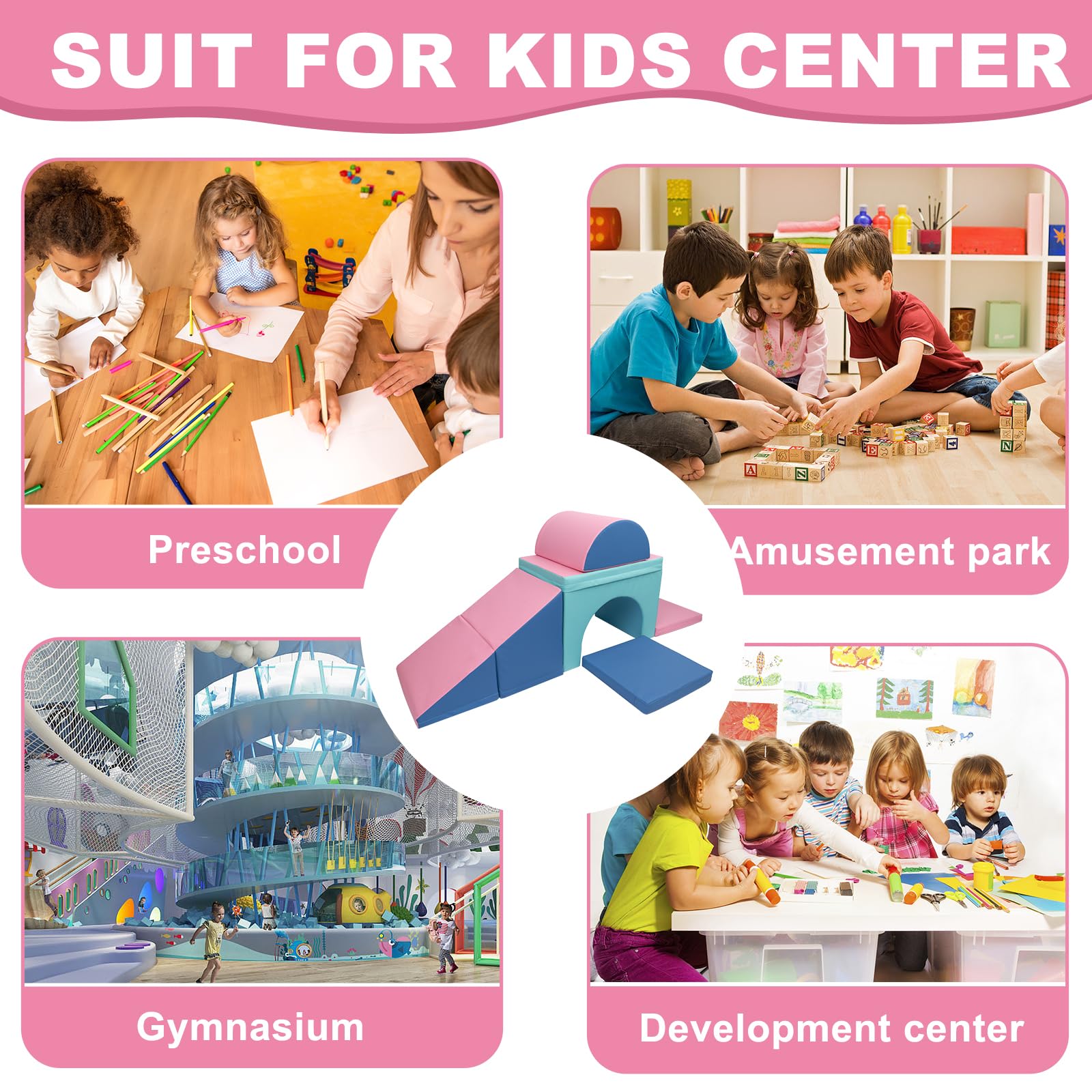 Glaf Soft Foam Climbing Blocks Set for Toddlers 1-3 Years - Indoor/Outdoor Play Gym with Tunnel & Slide - Safe Toddler Climbing Toys for Crawling & Playtime (Pink/Blue) - Perfect for Daycare, Playroom & Backyard Fun