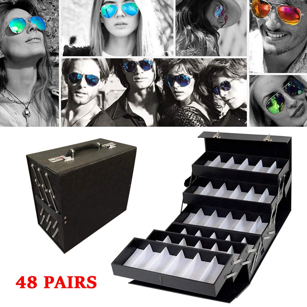 48 Slot PU Leather Eyeglasses & Sunglasses Organizer Case - Display & Storage for 48 Pairs - Perfect for Travel, Jewelry & Watch Organization - Compact Suitcase Design for Home, Office & Retail Stores