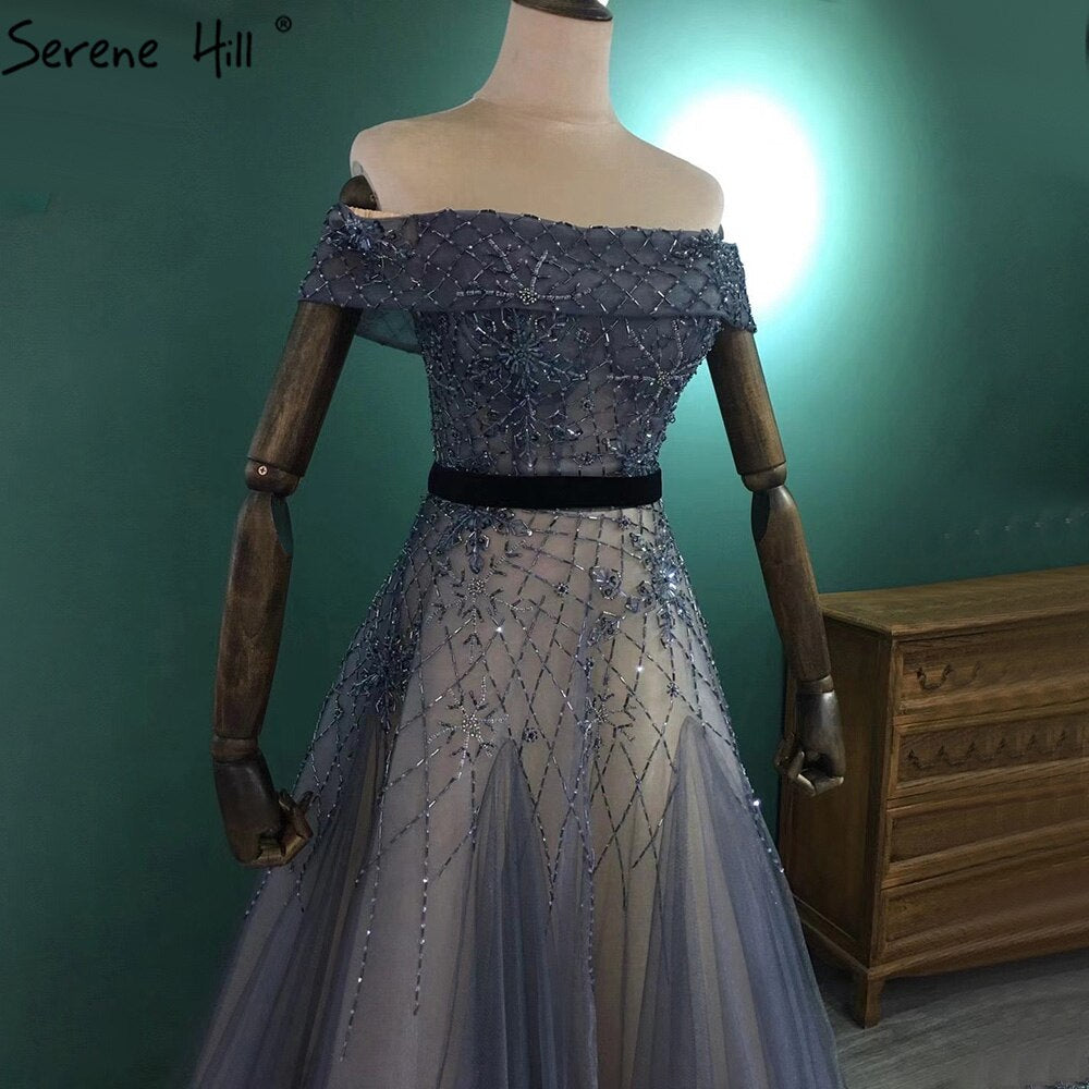 Serene Hill Luxury Blue A-Line Evening Dress with Beaded Bling Off-Shoulder Design for Women - Perfect for Prom, Gala & Formal Parties (LA71192)