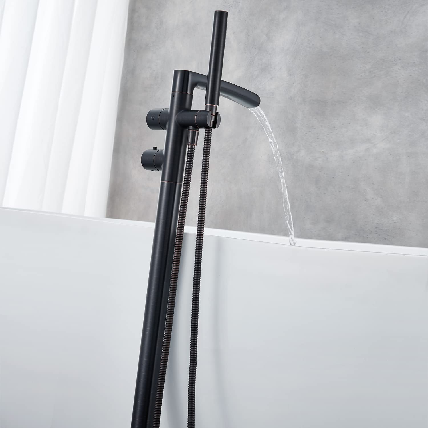 Thermostatic Freestanding Bathtub Faucet - Oil Rubbed Bronze Waterfall Tub Filler with Hand Shower & Rough-in Valve | Floor Mount Brass Bathroom Faucet for Luxury Spa & Master Bathroom Renovation