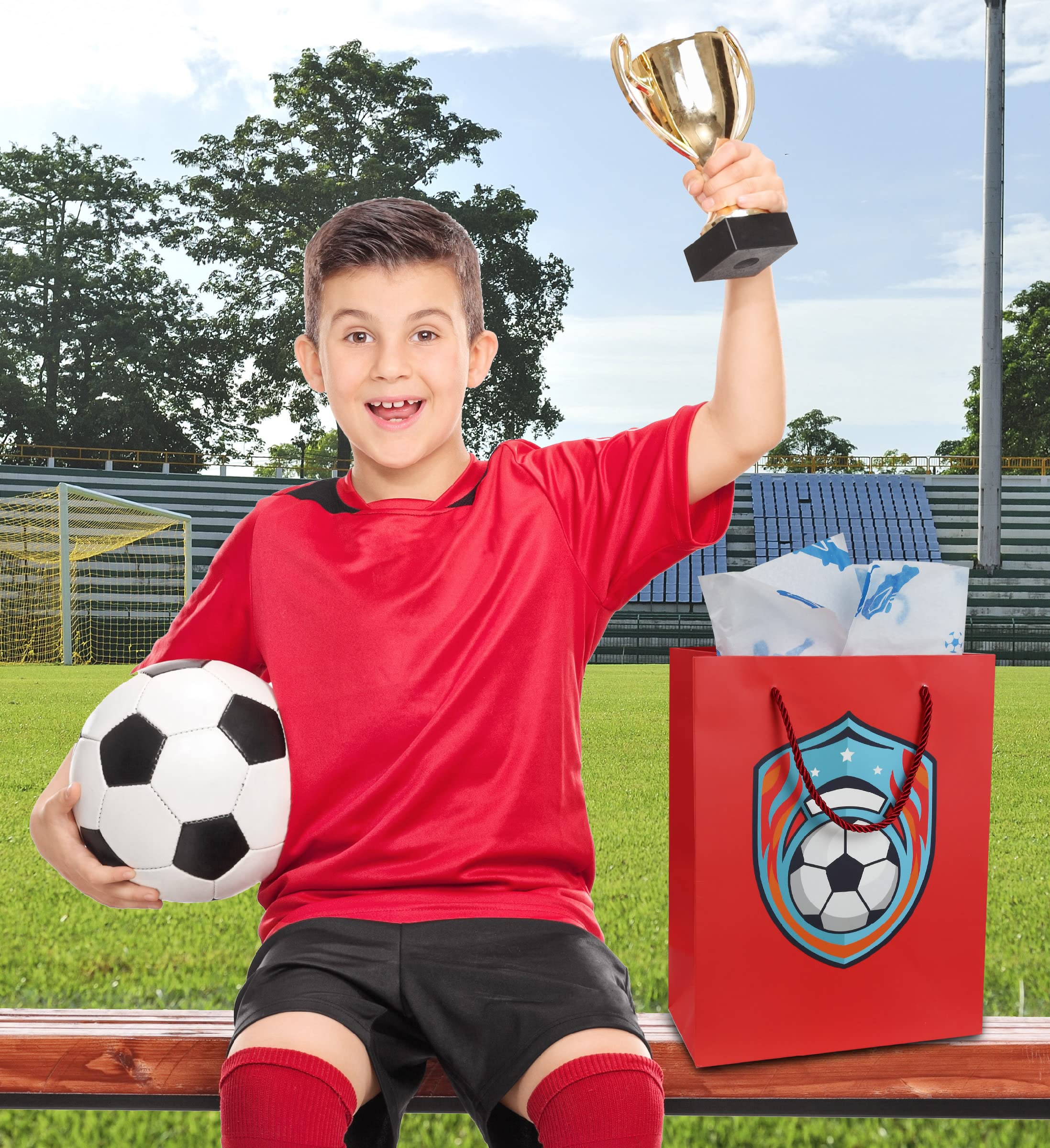 DolliBu Premium Reusable Soccer Gift Bags with Tissue Paper - 12 Pack Large Red Sports Gift Bags with Handles for Birthday Party Favors, Team Gifts & Soccer Events (13 Inch) - Perfect for Kids, Players & Coaches