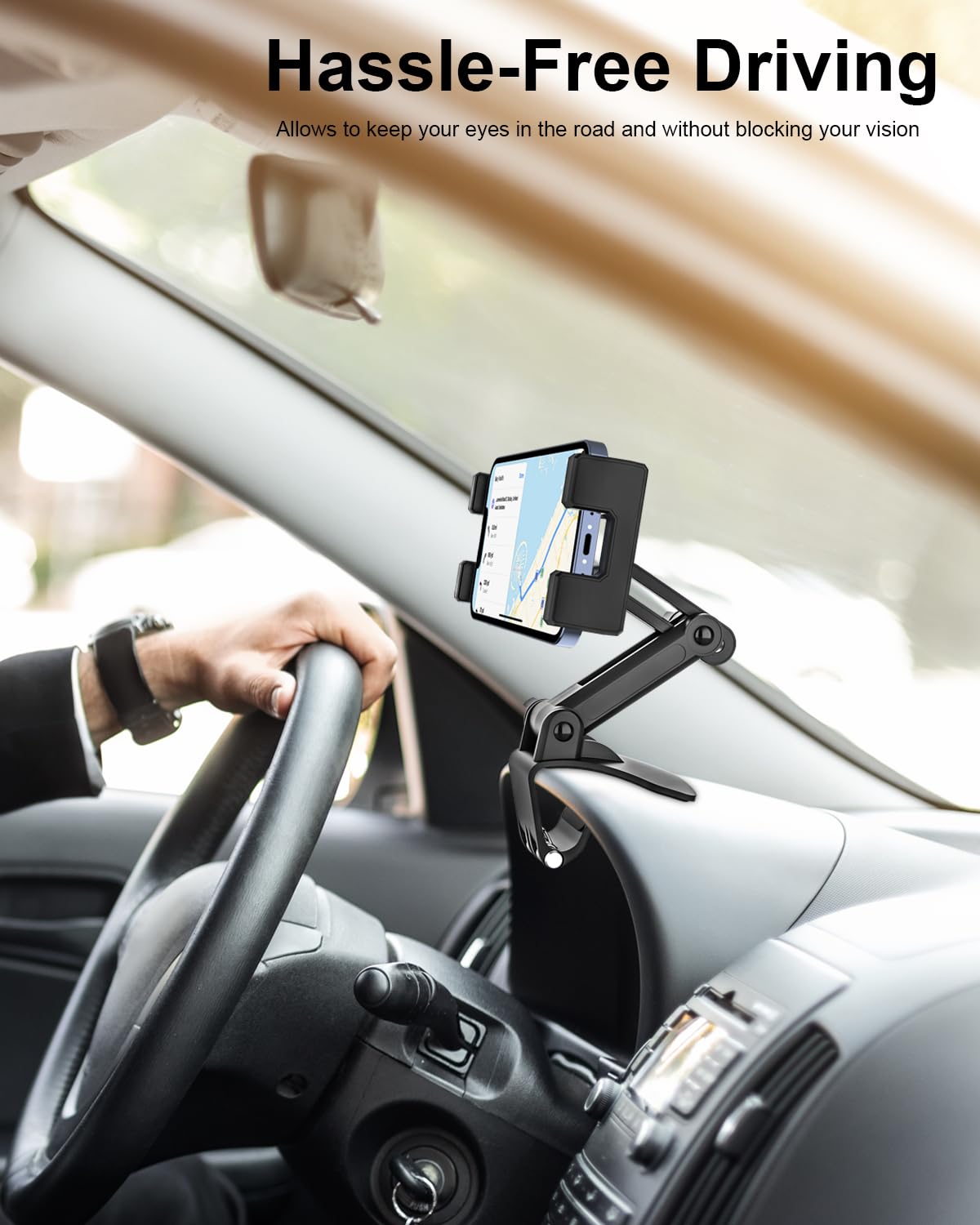 Universal Car Phone Mount Holder - Adjustable Dashboard Clip & Sun Visor Clamp for iPhone 16 Pro Max/15/14/13/12, Galaxy S24/S23, Android Smartphones - Perfect for GPS Navigation, Hands-Free Calls & Road Trips
