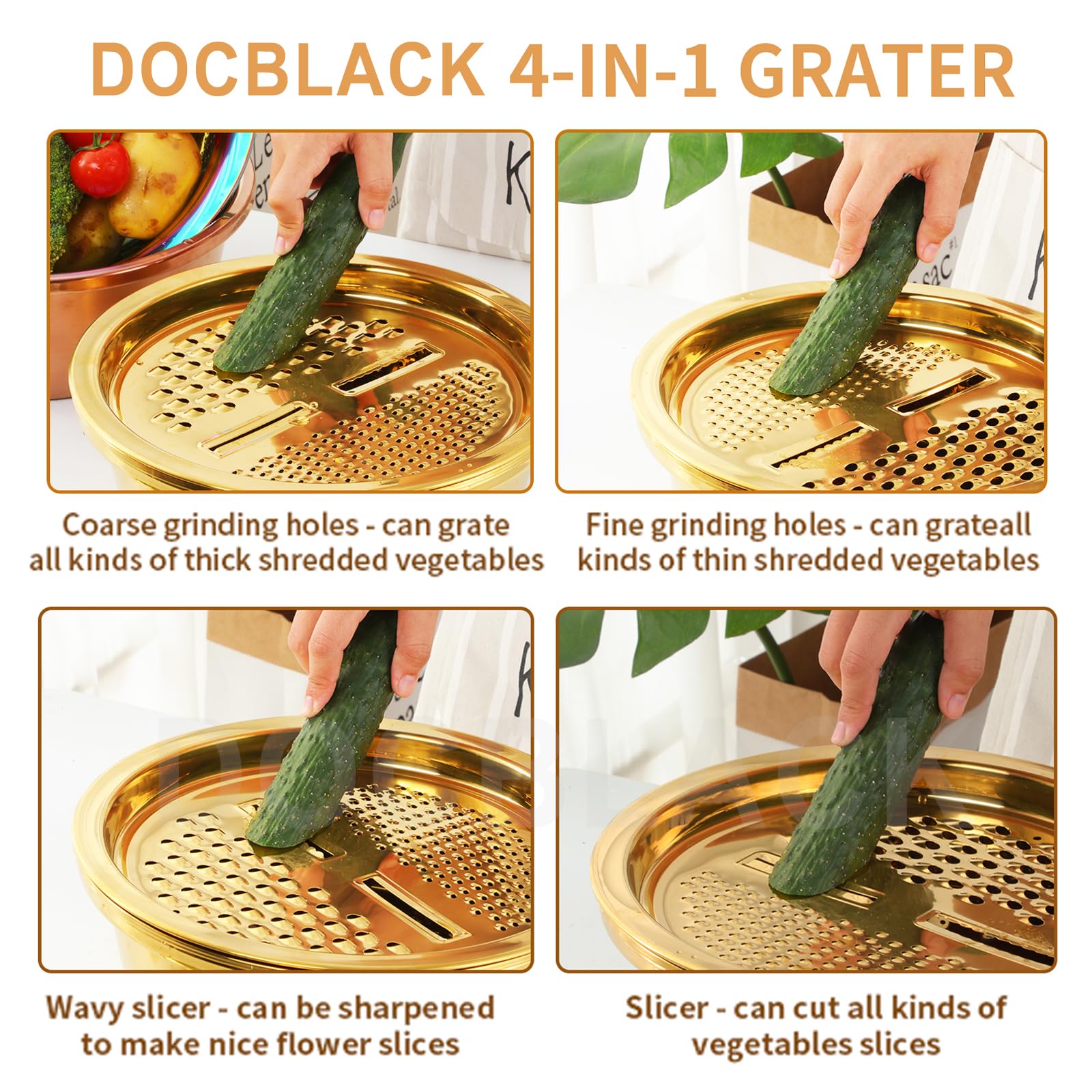 3Pcs Stainless Steel Colander Set - 3-in-1 Strainer Bowl, Vegetable Cutter & Drain Basket for Washing Fruits, Vegetables, Rice - Gold Kitchen Tool (Perfect for Salad Prep, Pasta Draining & Mixing Ingredients)