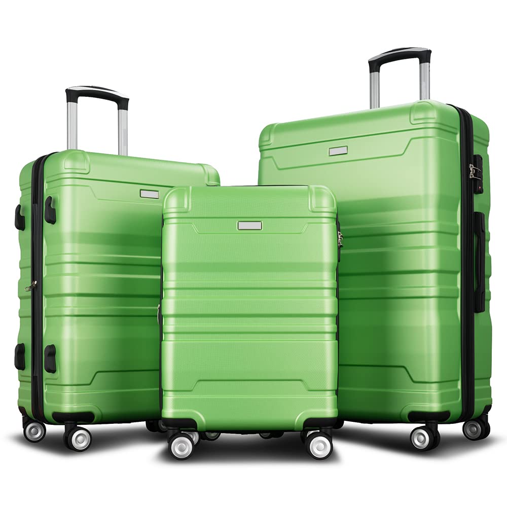 3-Piece Expandable Lightweight ABS Hardshell Luggage Set with Spinner Wheels, TSA Lock & Side Hooks - Durable Suitcase for Travel, Business Trips & Family Vacations (Apple Green)