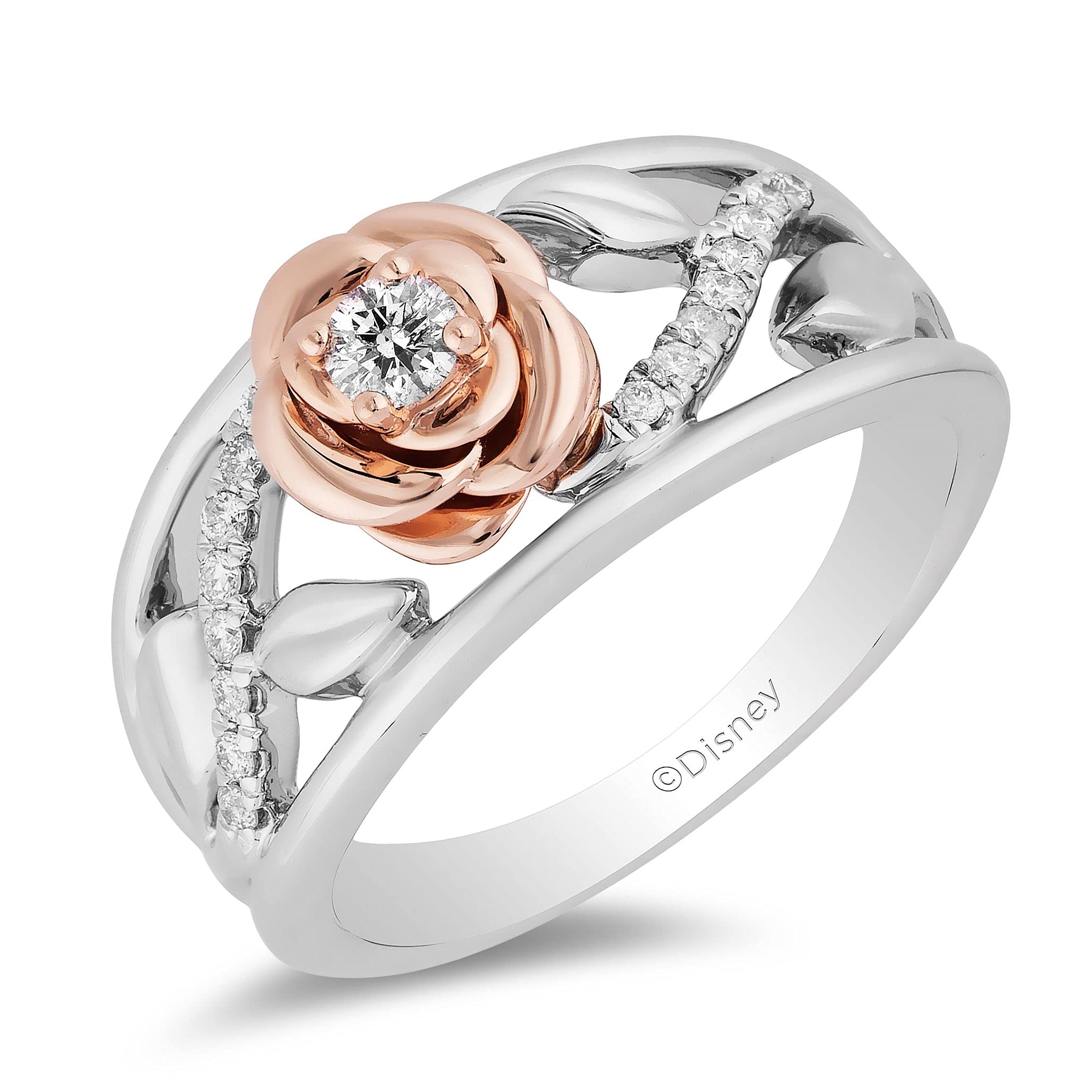 Enchanted Disney Belle Rose Ring - Sterling Silver & 10K Rose Gold with 1/5 Cttw Diamond | Fine Jewelry for Women | Perfect Gift for Disney Fans, Brides & Special Occasions