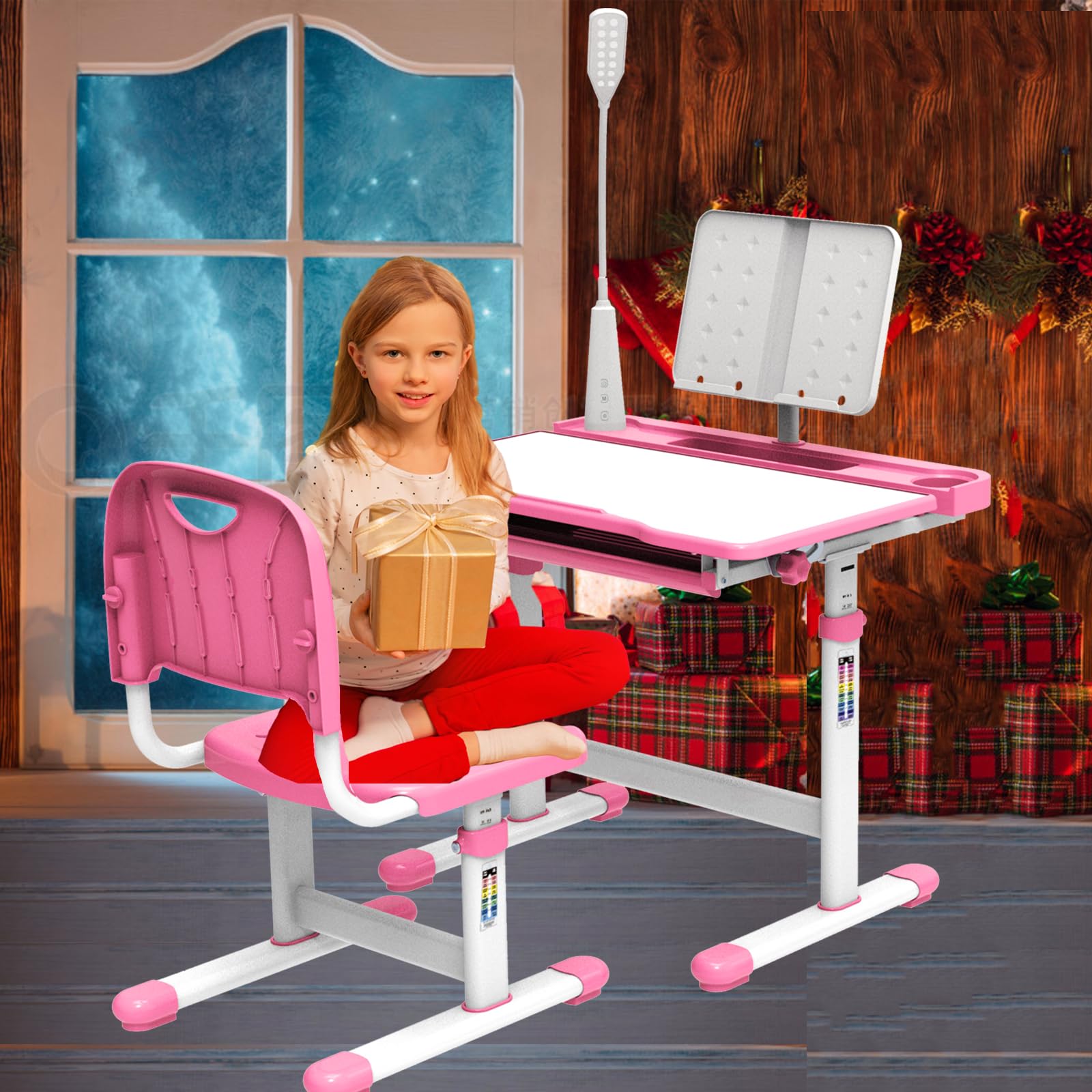 Adjustable Kids Study Desk with LED Light - Height & 40° Tiltable Desktop for Children Ages 5-8 | Perfect Birthday, Christmas & New Year Gift (Pink) | Ideal for Homework, Drawing & Reading Activities