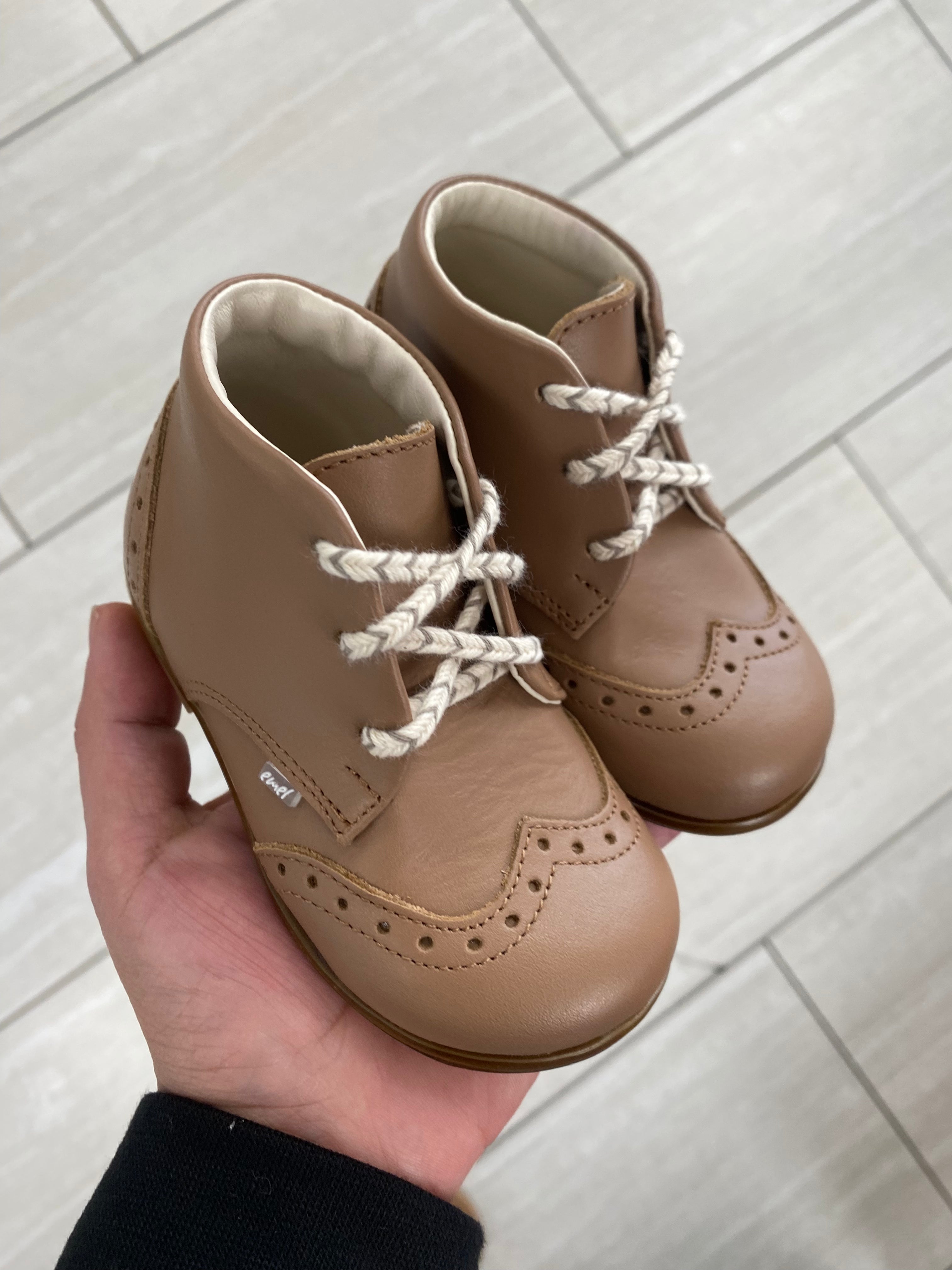 Emel Latte Wingtip Baby Shoes - Classic Leather Oxford Style for Infants & Toddlers - Perfect for First Steps, Special Occasions & Photo Shoots