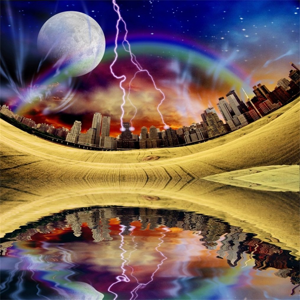 Fantasy City Buildings & Starry Sky Backdrop - 8x8ft Photography Background for Urban Landscape, Lake Reflection, Studio Props - Vinyl Wallpaper for Kids & Adults - Perfect for Portraits, Themed Parties, and Creative Photo Shoots