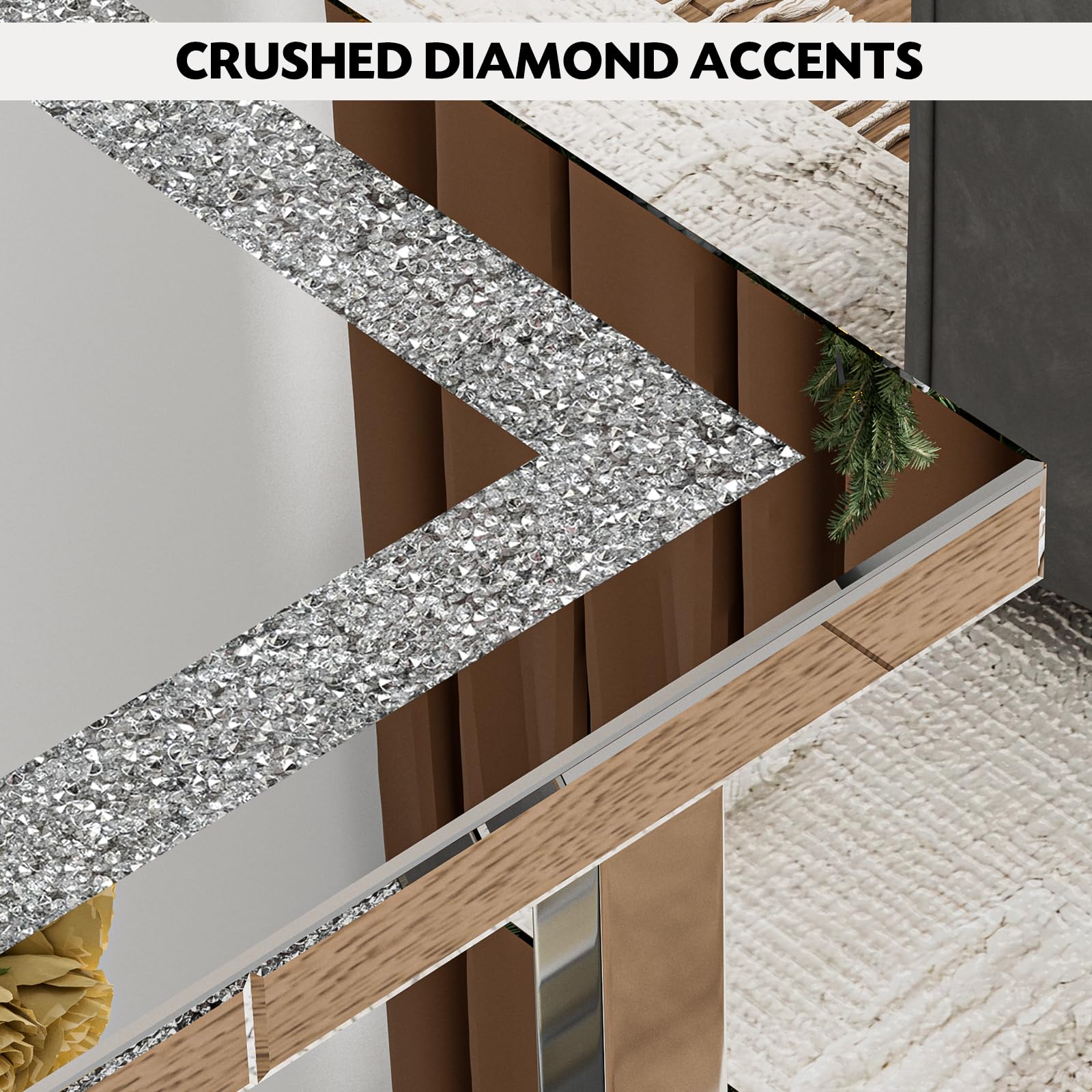 IKIFLY 2-Tier Mirrored Coffee Table with Crushed Diamond Design - Modern Rectangle Living Room Table with Stainless Steel Legs - Perfect for Small Spaces, Home Decor & Entertaining Guests