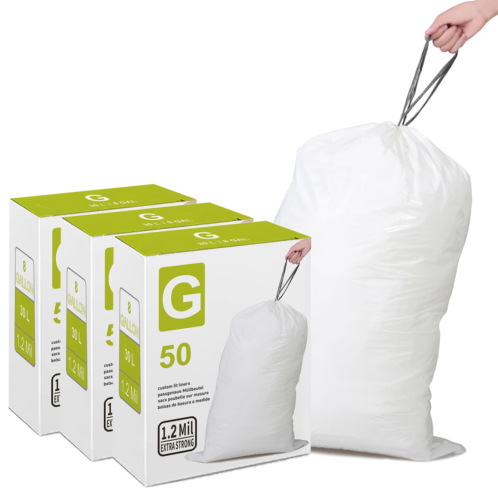 **3 Pack (150 Count) Heavy Duty 8 Gallon Trash Bags with Reinforced Drawstring - Leak-Proof & Tear-Resistant - Compatible with Simplehuman Code G 1.2 Mil White Garbage Can Liners (8 Gallon/30L) - Perfect for Kitchen, Bathroom & Office Waste Disposal**
