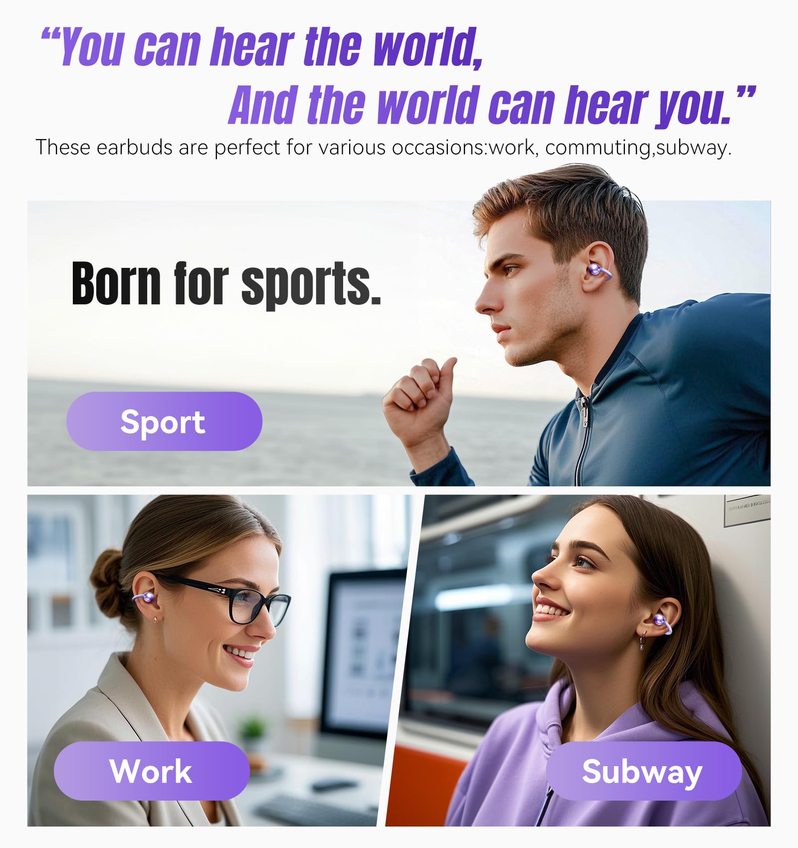 King Lucky Clip-On Open Ear Wireless Bluetooth 5.4 Headphones with Mic - 50H Playtime, Noise Cancelling, IPX5 Waterproof, Secure Fit for Small Ears & Glasses Wearers - Ideal for Running, Workouts, Gym & Outdoor Sports (Purple)