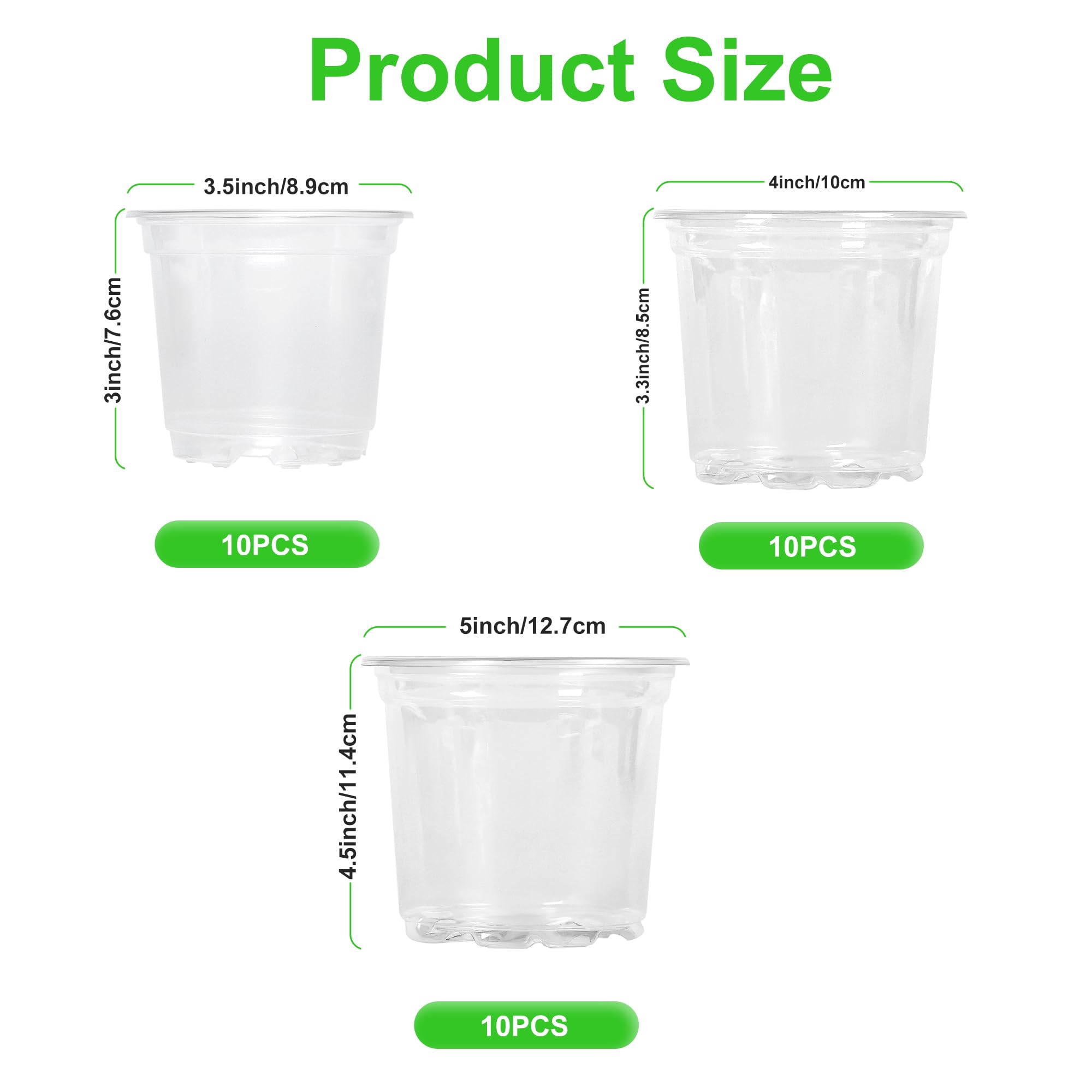 JERIA 30 Pack 5/4/3.5 Inch Clear Plastic Plant Pots with Drainage Holes - Transparent Nursery Pots for Succulents, Seed Starting, Indoor Gardening - Perfect for Home Decor, Plant Propagation & Greenhouse Use