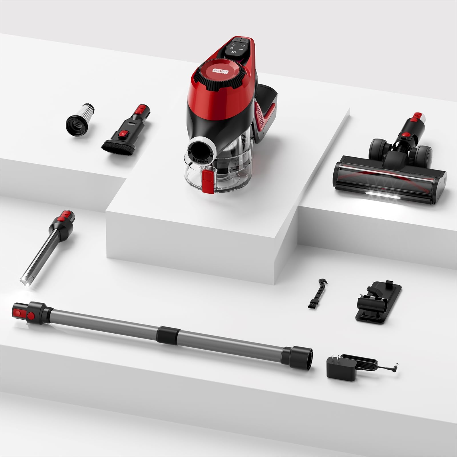 Curvymoon 30Kpa Cordless Stick Vacuum Cleaner for Home - Lightweight Handheld Vacuum with Smart Display, 55min Runtime, Free-Standing Design - Perfect for Pet Hair, Carpets & Hardwood Floors (Red) | Ideal for Quick Cleanups & Daily Home Maintenance
