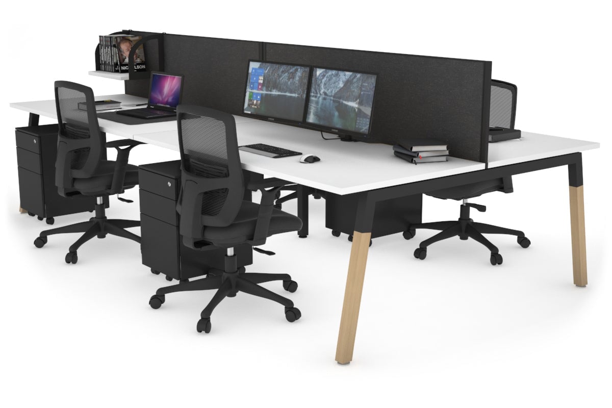 Quadro A Legs 4-Person Office Workstation with Wood Legs & Cross Beam - 1400L x 800W Dimensions, Cable Management Scallop | Perfect for Collaborative Workspaces & Modern Offices