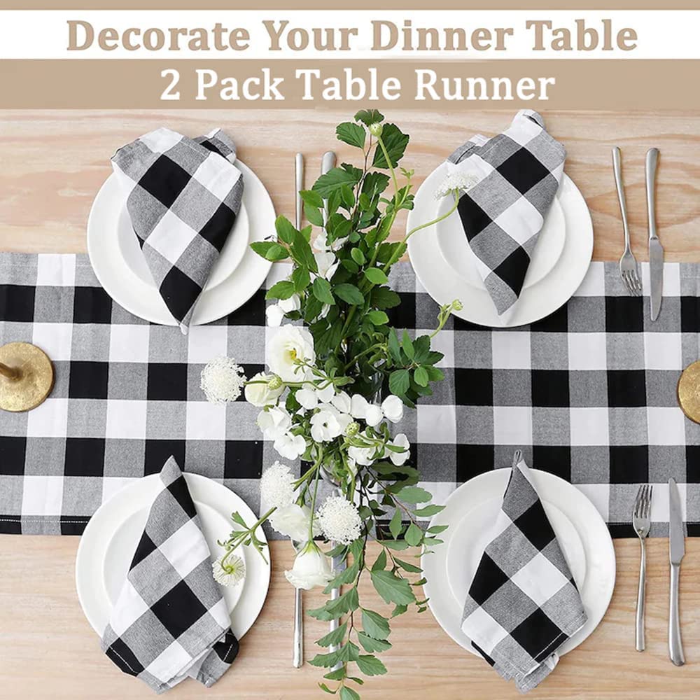 Buffalo Plaid Table Runner 2-Pack 13x84 Inches Black and White Checkered Tablecloth for Fall, Thanksgiving, Christmas, and Holiday Parties - Perfect for Dining Tables, Buffets, and Seasonal Decorations