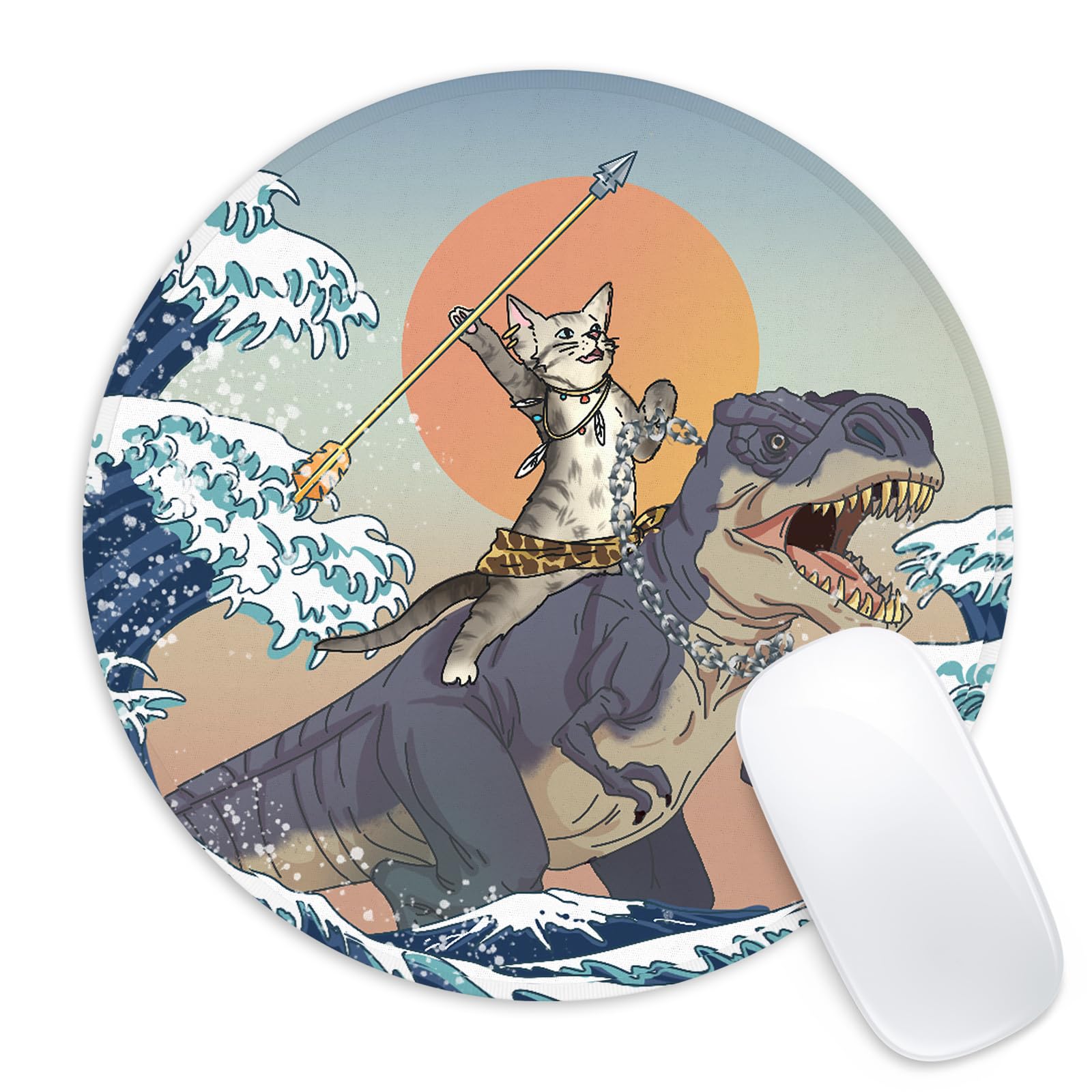 Funny Cat and Dinosaur Round Mouse Pad - Non-Slip Rubber Base Gaming & Office Desk Accessory - 8.7 Inch Cute Animal Mouse Mat for PC, Laptop, Computer Workstation (Home & Office Decor)