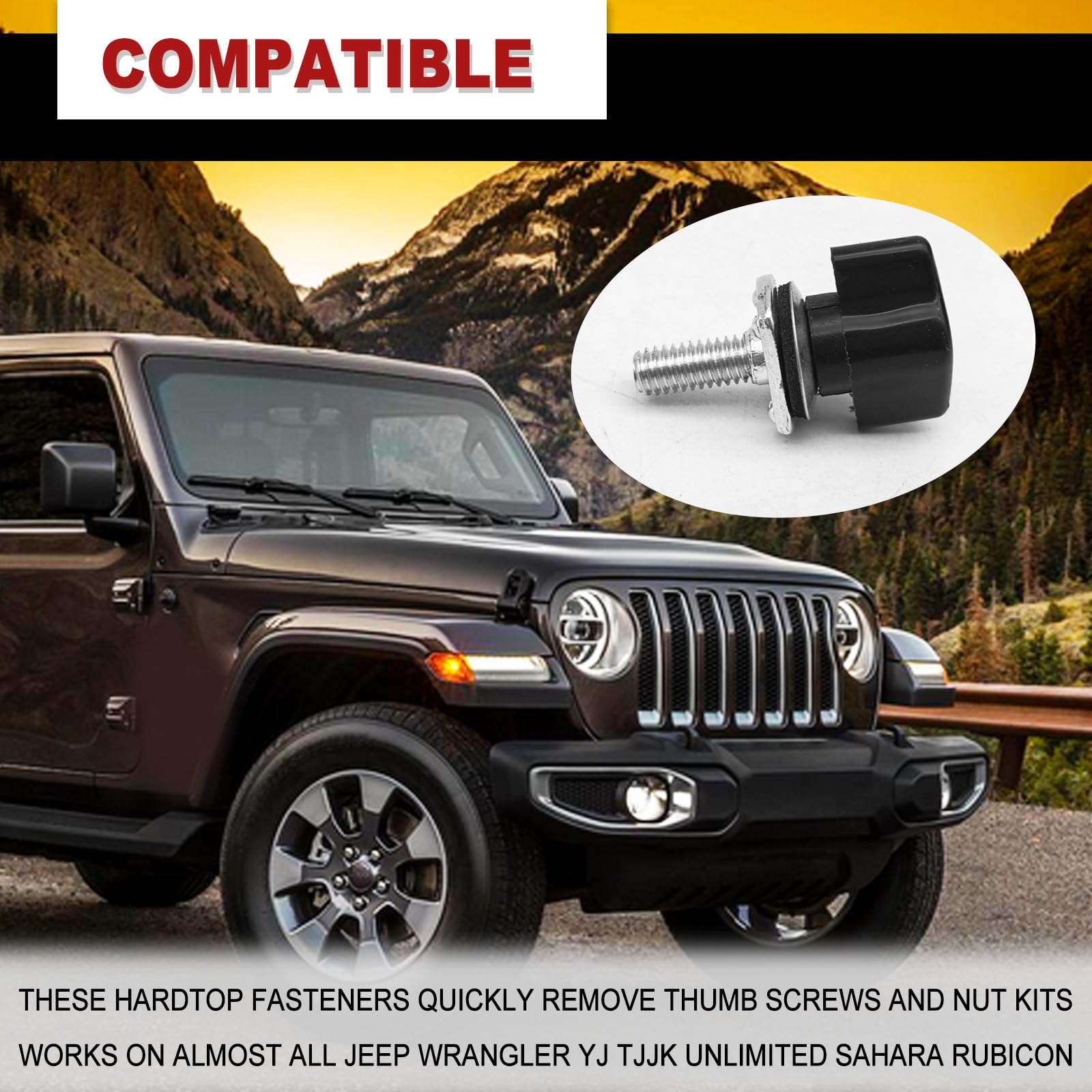 Universal Thumb Screw Kit for Jeep Wrangler Hard Top - Quick Removal Fastener Compatible with YJ TJ JK JKU (1995-2018) 2/4 Door Models Including Sport, Sahara, Rubicon & Unlimited - Easy Install & Secure Fit for Off-Road Adventures & Daily Driving