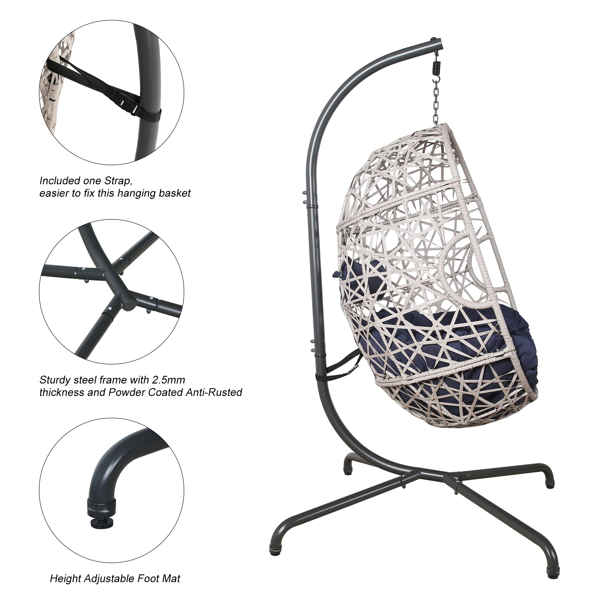 Outdoor Wicker Egg Hanging Chair with Stand - Rattan Hammock Swing Chair for Patio, Balcony, Garden - Includes Comfortable Cushion (Navy Blue) - Perfect for Relaxing, Reading & Lounging in Your Backyard or Bedroom Retreat