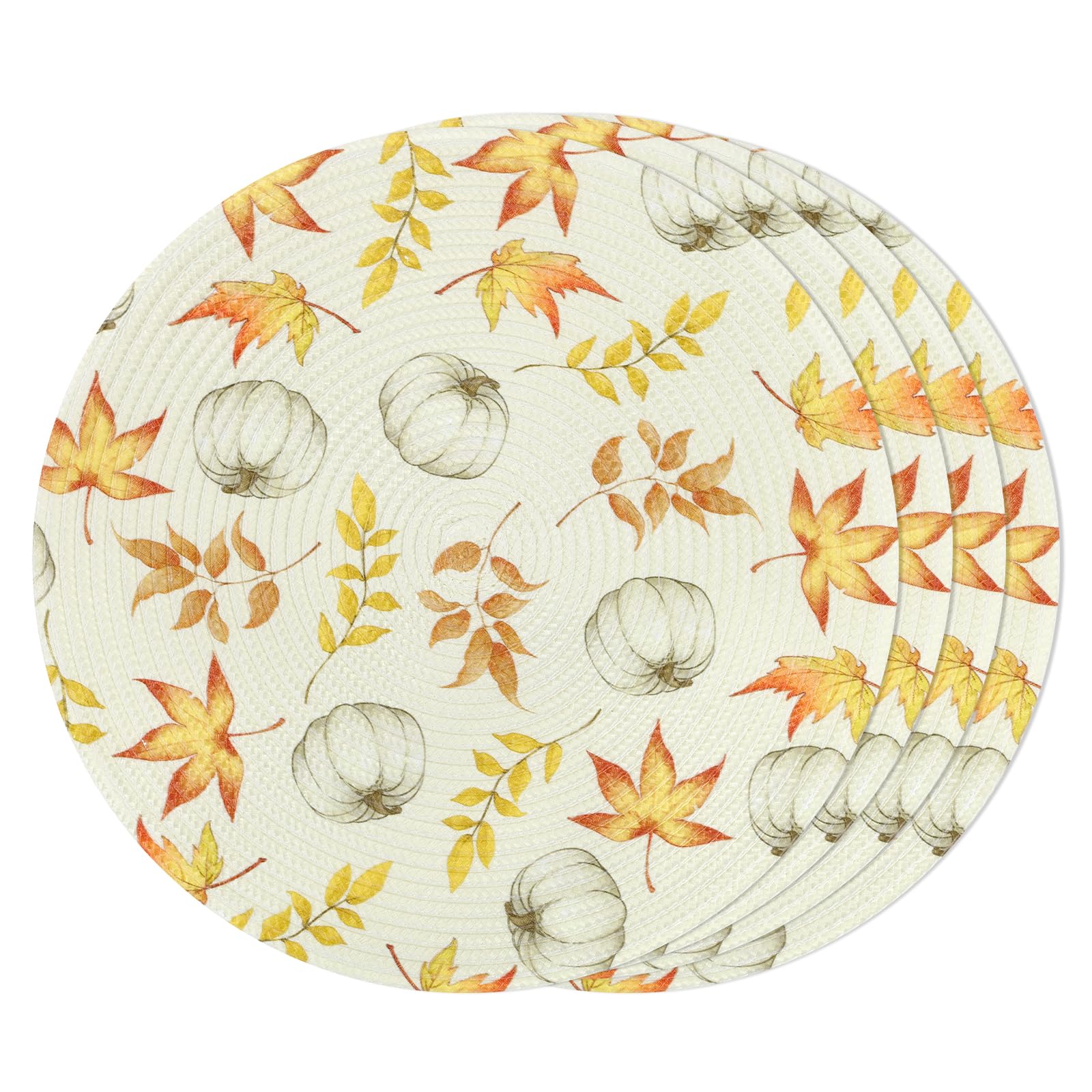 U'Artlines Fall Round Braided Placemats Set of 4 - 15 Inch Pumpkin & Leaves Design, Washable Woven Table Mats for Thanksgiving, Kitchen, Dining Table Decor | Perfect for Autumn Gatherings, Holiday Parties & Cozy Home Dining