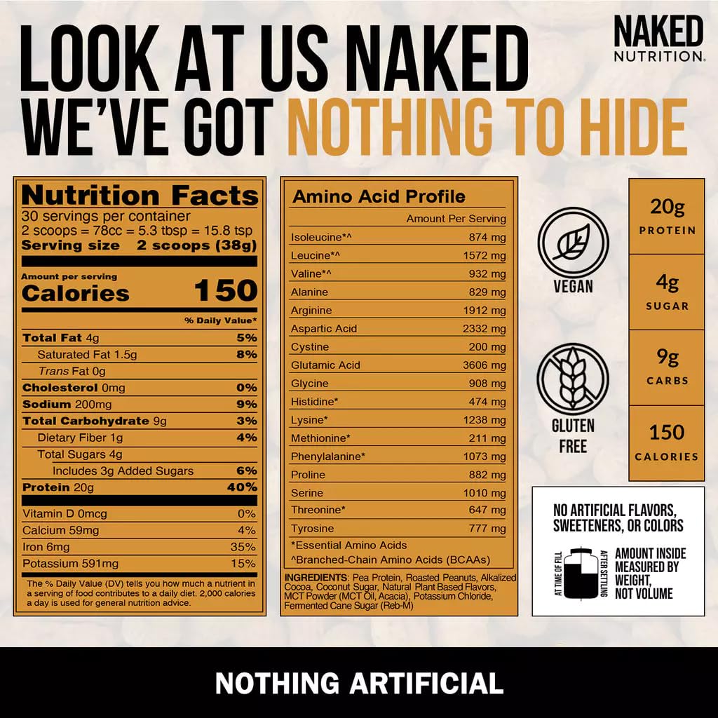 Naked Shake Chocolate Peanut Butter Vegan Protein Powder - Plant-Based Protein from US & Canadian Farms with MCT Oil, Gluten-Free, Soy-Free, Non-GMO, No Artificial Sweeteners - 30 Servings for Post-Workout Recovery & Healthy Smoothies