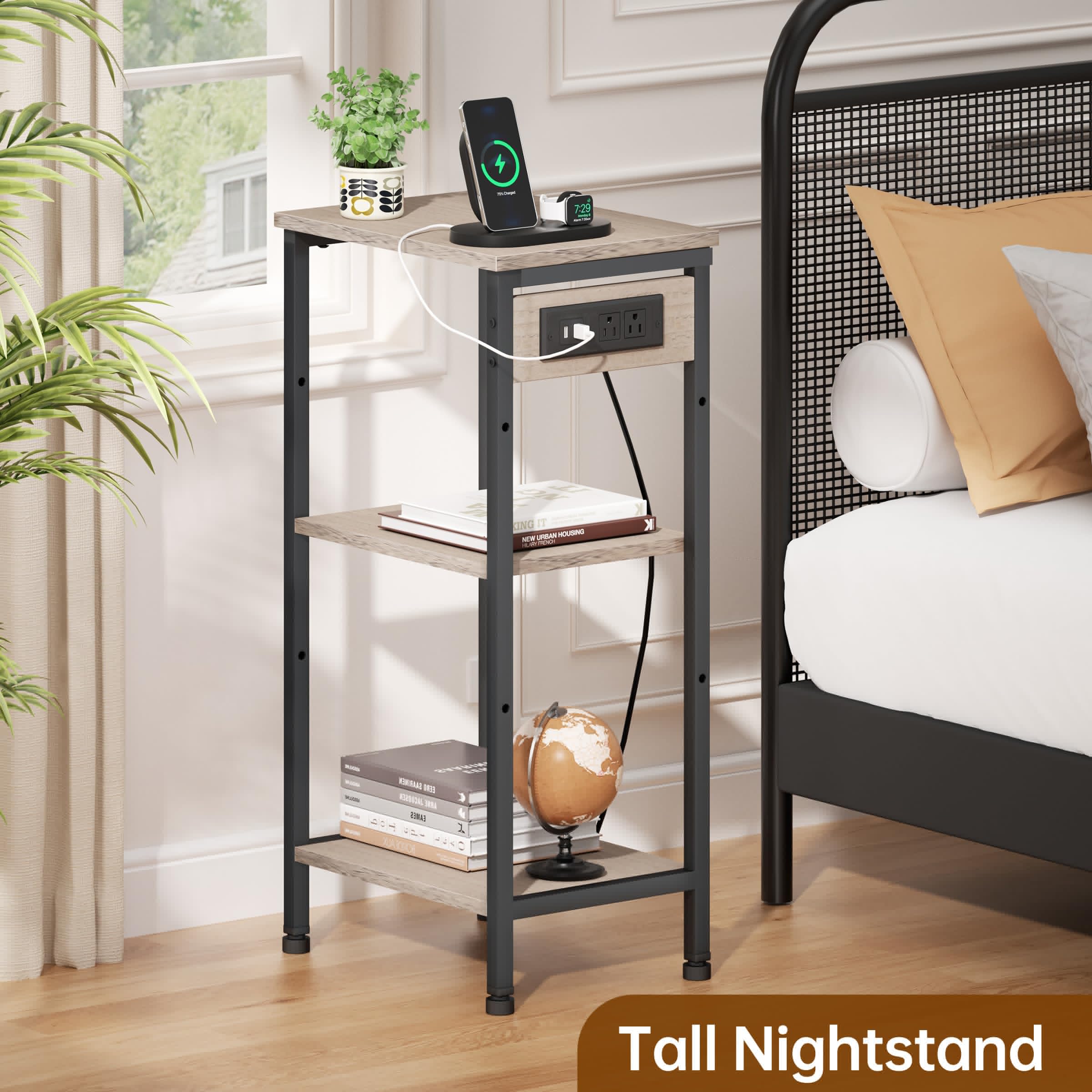 3-Tier Tall End Table with USB Charging Station, Adjustable Shelf & Narrow Design - Nightstand for Bedroom, Side Table for Living Room, Office Desk Organizer - Perfect for Small Spaces & Modern Home Decor (Greige)