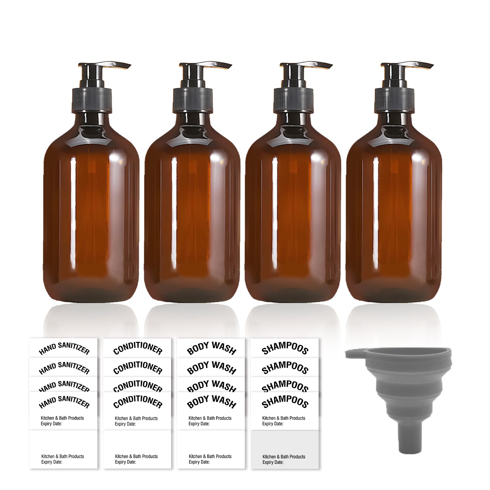 4-Pack 300ml Plastic Soap Dispenser for Bathroom - Reusable Liquid Soap Dispenser for Shampoo, Conditioner & Shower Gel with Waterproof Adhesive & Funnel - Perfect for Kitchen, Bathroom & RV Use