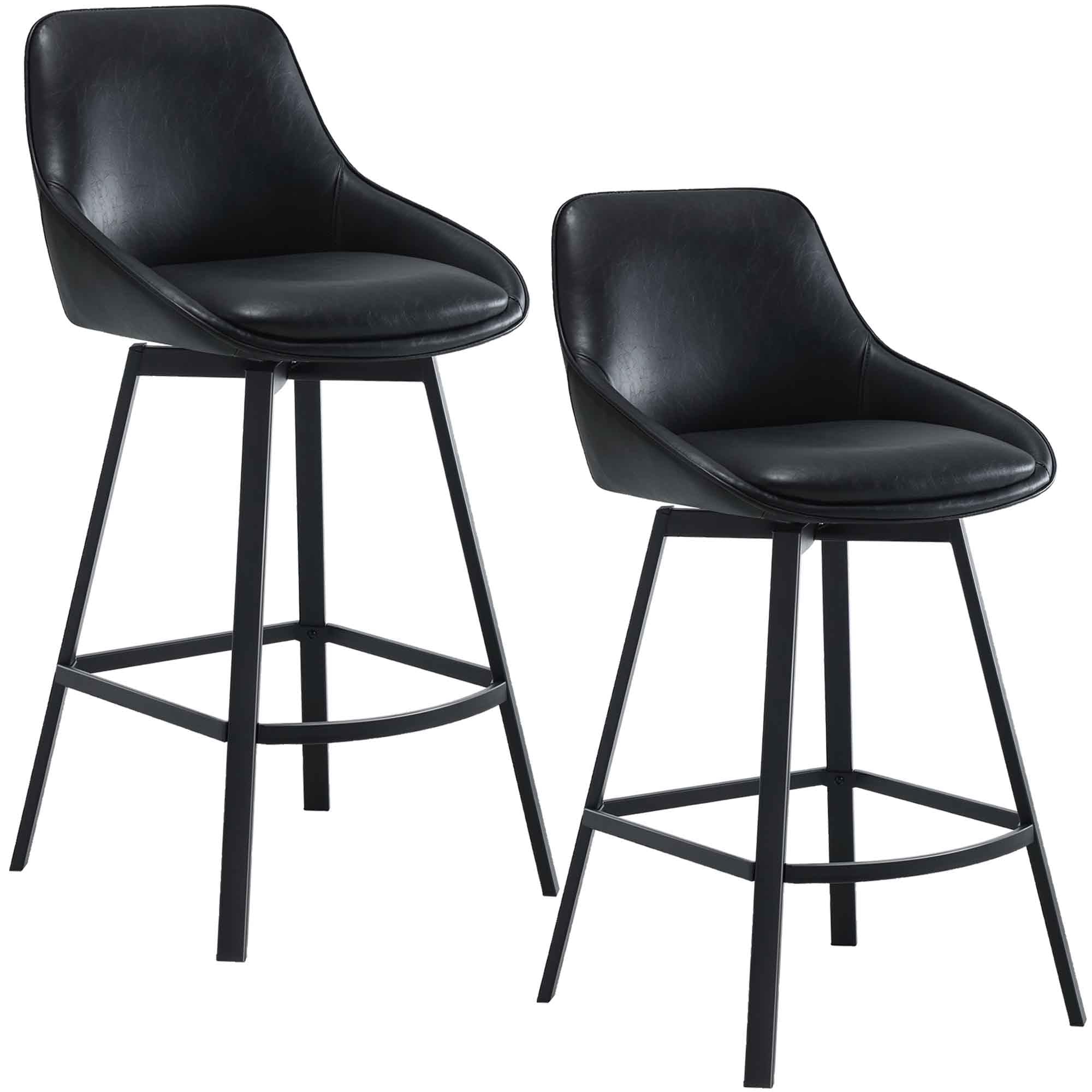 Flouki Swivel Counter Stools Set of 2 - Black Modern Faux Leather Bar Stools with Metal Base for Kitchen Island, Breakfast Bar & Home Decor | Adjustable Height Counter Height Chairs for Dining Room & Kitchen