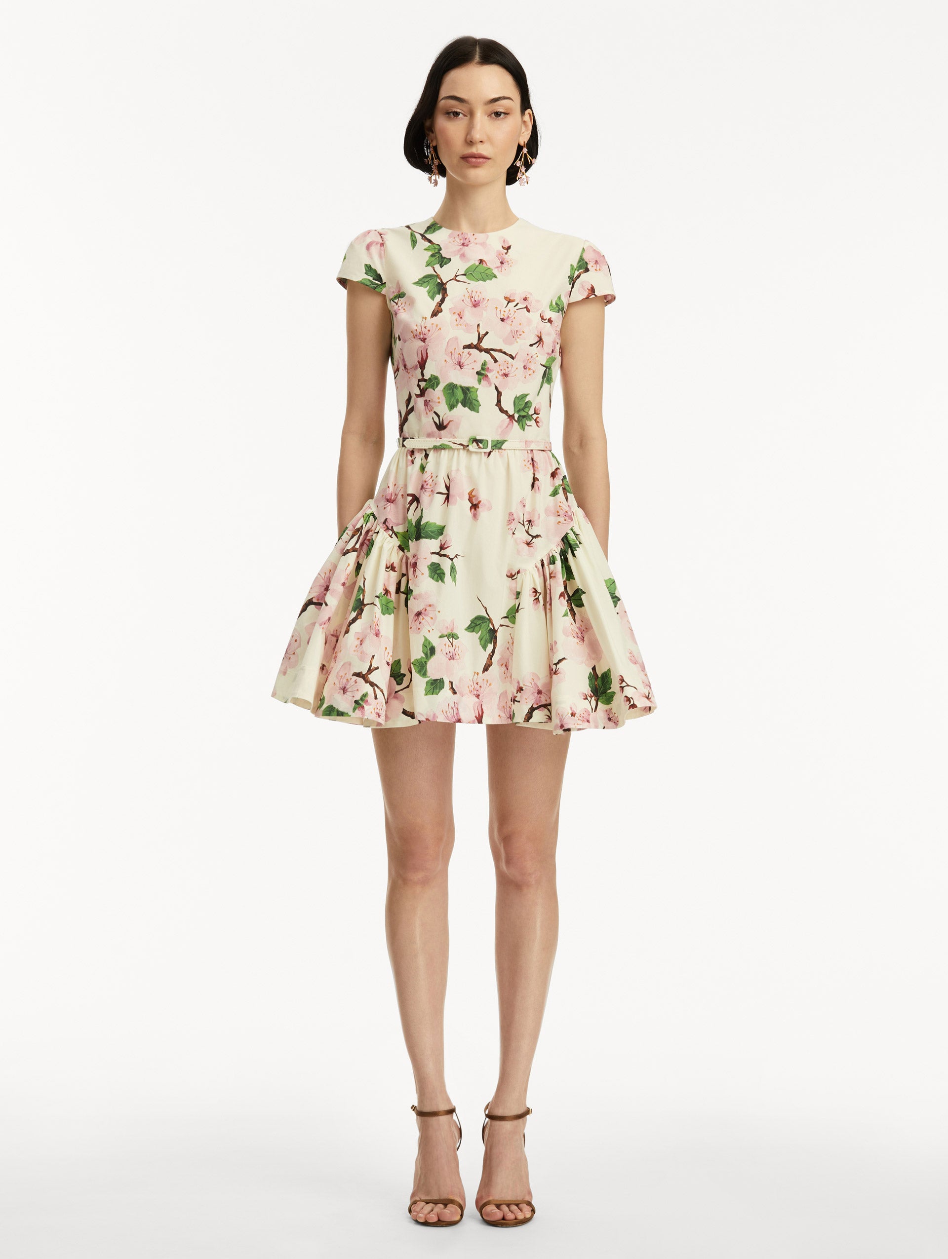 Cherry Blossom Floral Cotton Poplin Mini Dress - Women's Spring Summer Casual Short Sleeve A-Line Dress for Garden Party, Date Night & Vacation