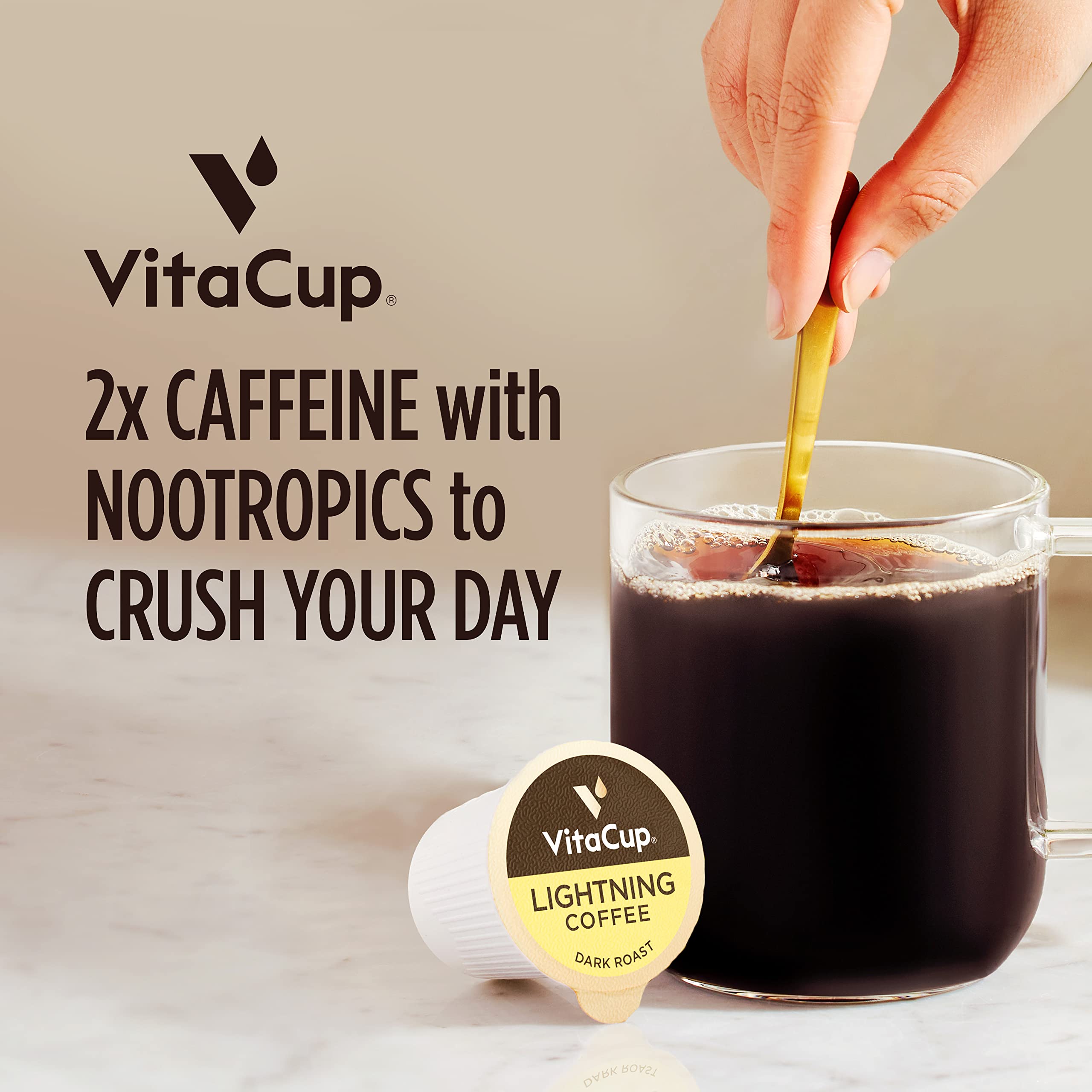 VitaCup Lightning Coffee Pods - 2X Caffeine Boost with Green Coffee Bean, B Vitamins & Vitamin D3 | Strong Dark Roast Arabica Single Serve Pods | Compatible with Keurig K-Cup Brewers (64 Count - 4 Packs of 16) | Perfect for Morning Energy, Work Focus & Study Sessions