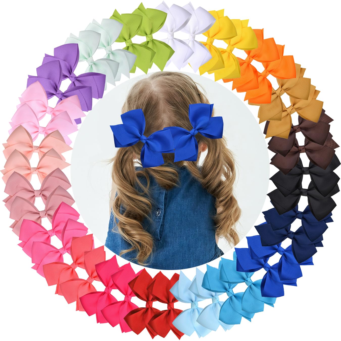 40-Piece 5-Inch Grosgrain Ribbon Hair Bows for Girls - Alligator Clip Hair Accessories for Toddlers, Kids & Teens (20 Color Pairs) - Perfect for School, Parties & Daily Outfits