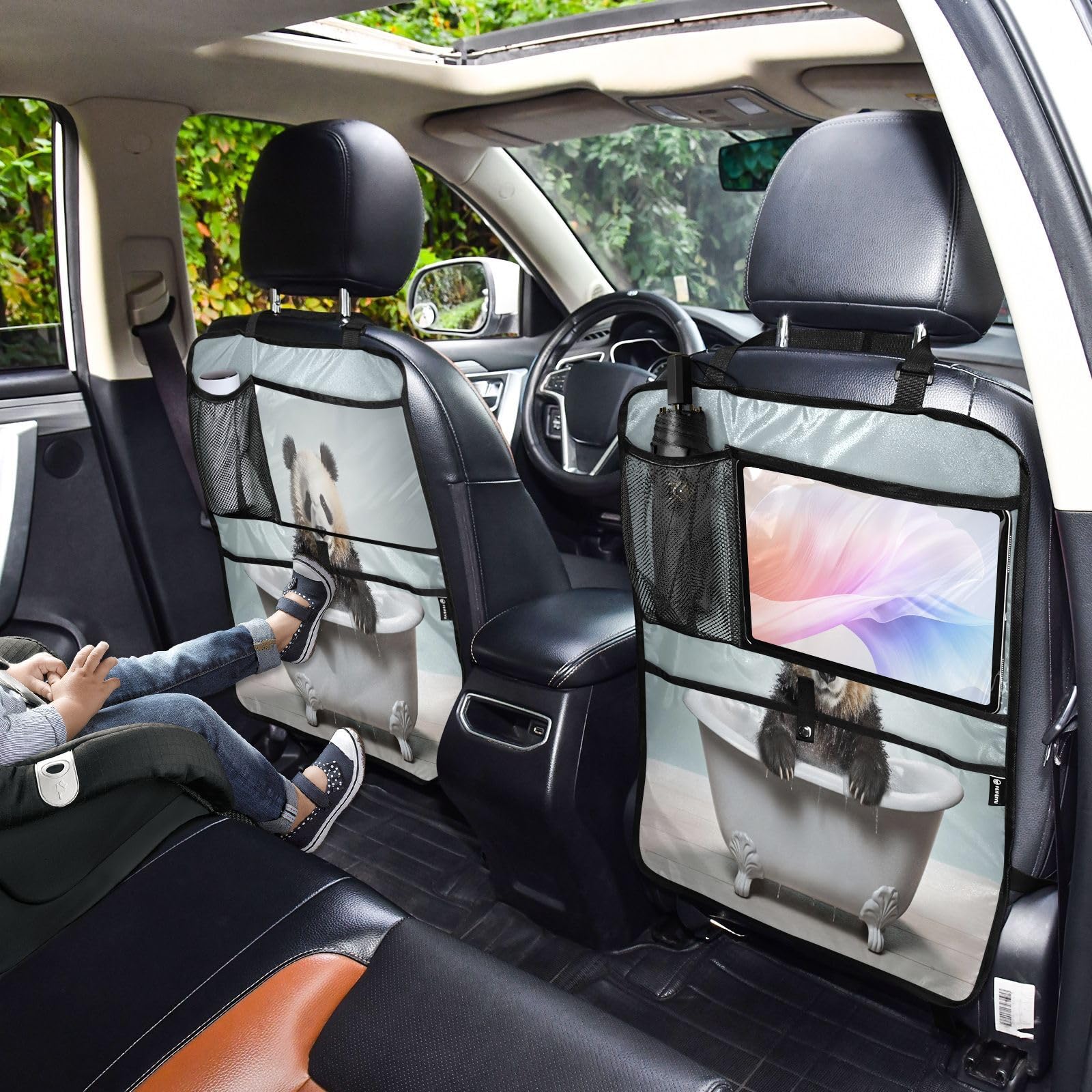 **Sinestour 2-Pack Panda Bathtub Kick Mats – Waterproof Car Back Seat Protector for Kids, Anti-Scratch & Mud Guard with Storage Pockets – Perfect for Family Road Trips & Daily Commutes**