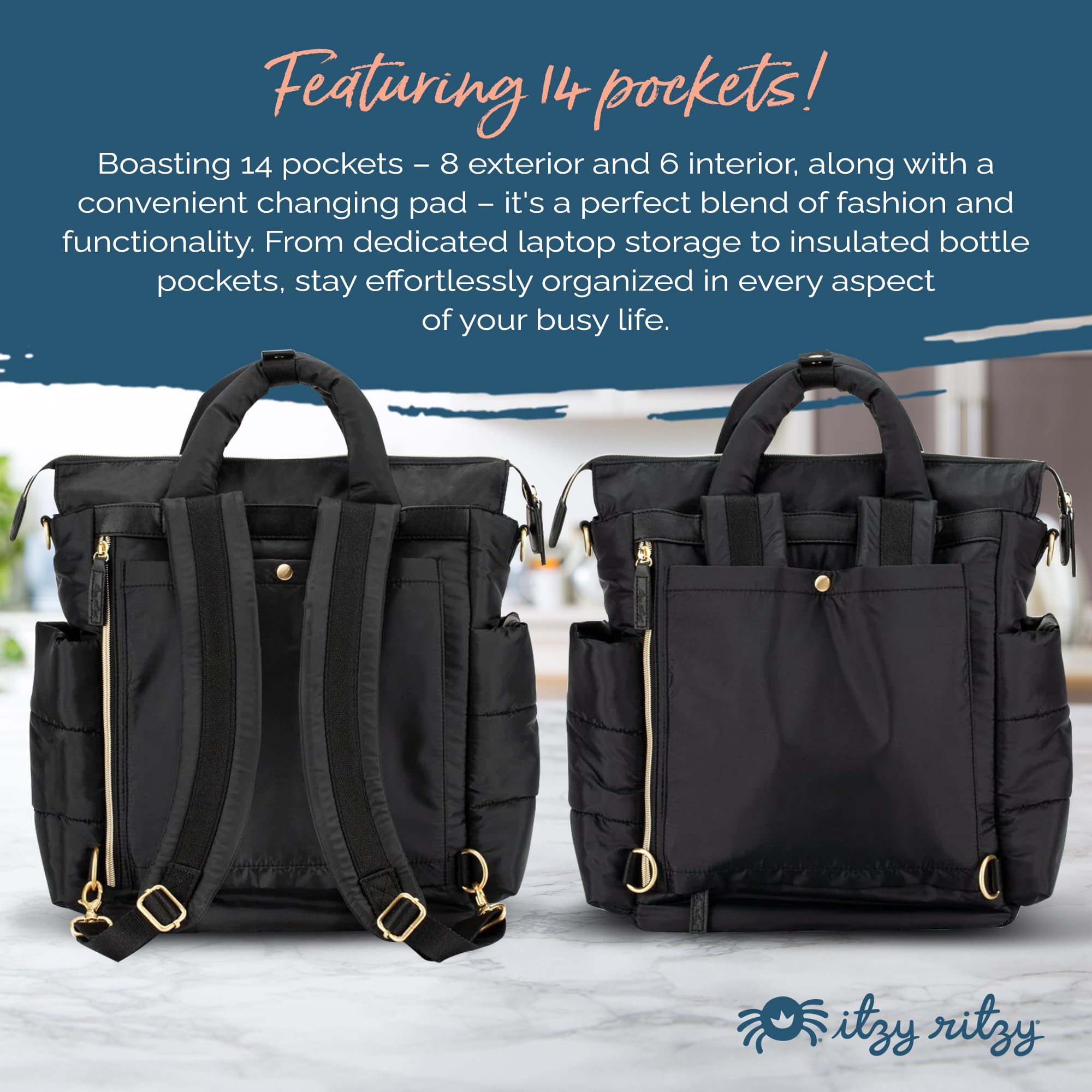 Itzy Ritzy Dream Convertible Diaper Bag - Baby Tote Backpack with 14 Pockets, Changing Pad, Insulated Bottle Holder | Perfect for Newborns & Toddlers | Stylish & Functional for Daycare, Travel & Shopping (Midnight Black)