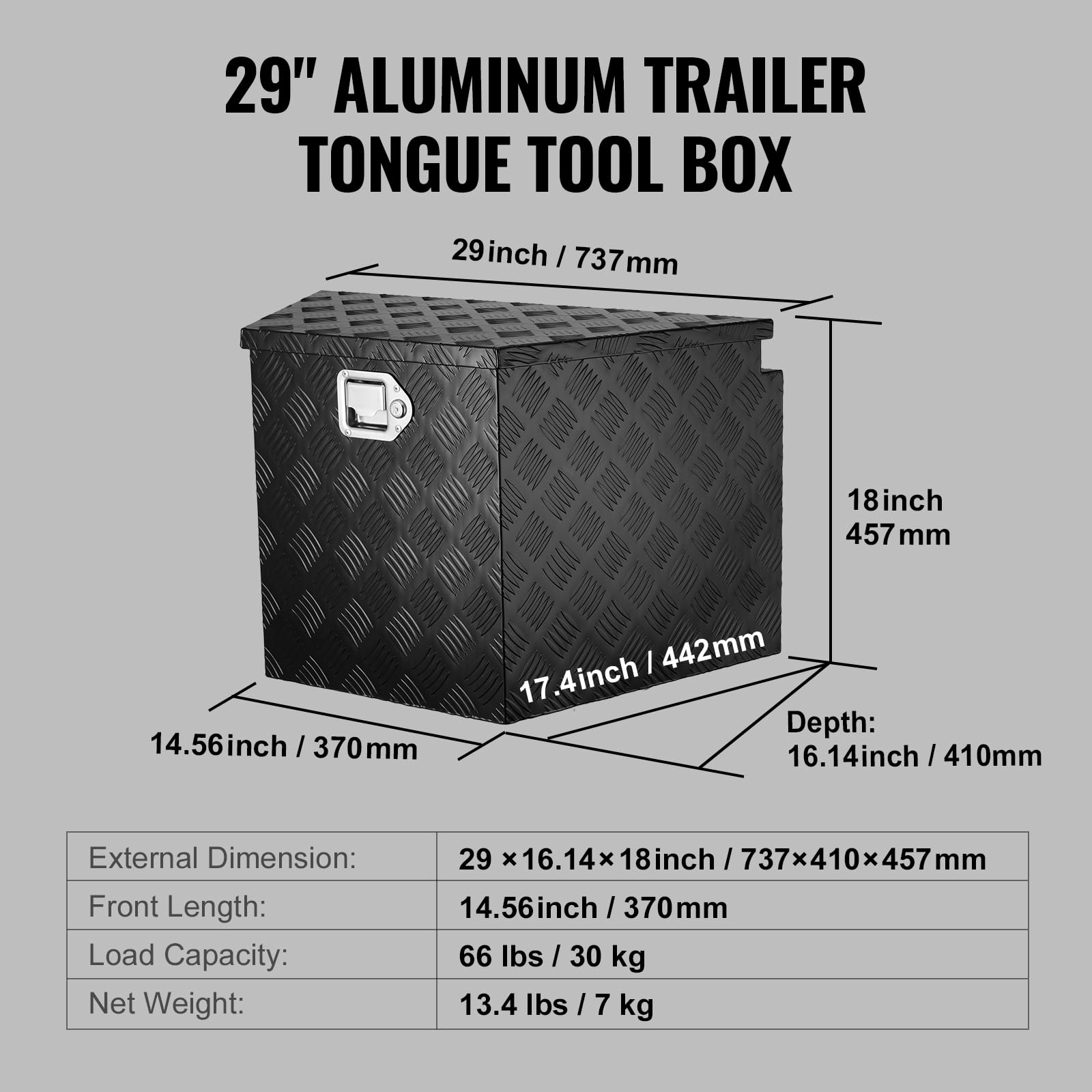 VEVOR Aluminum Alloy Diamond Plate Trailer Tongue Tool Chest - Heavy Duty Lockable Storage Box for Pickup Trucks, RVs & Trailers (29