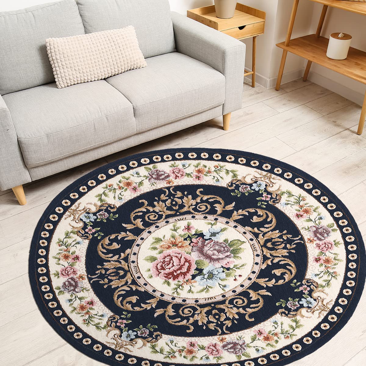 3.3ft Floral Round Non-Slip Area Rug - Machine Washable Classic Design for Living Room, Kitchen & Bedroom - Sustainable Traditional Dark Blue Carpet - Perfect for Home Decor & High Traffic Areas