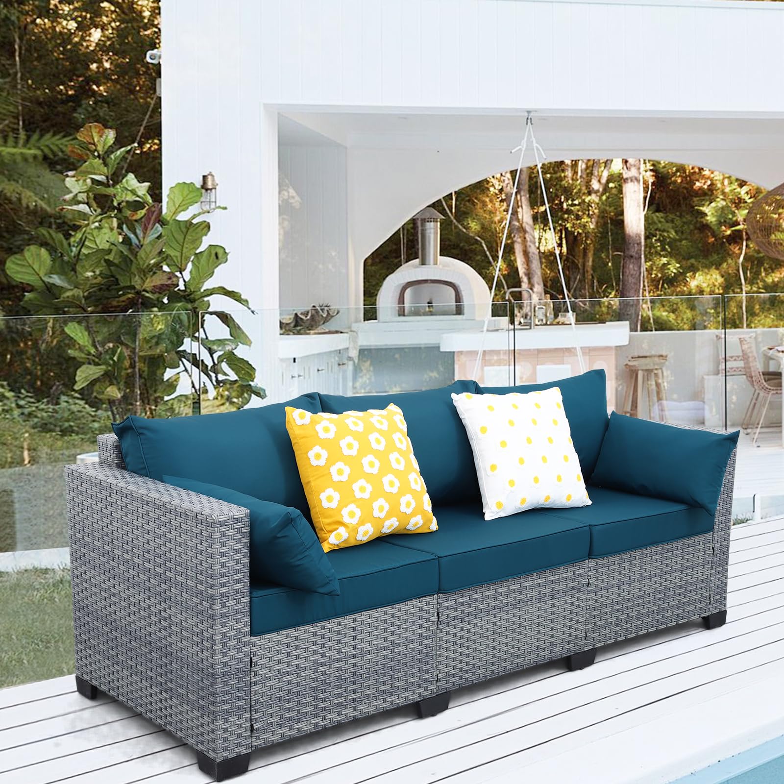 All-Weather PE Rattan Wicker Patio Couch - 3-Seat Outdoor Sofa Set with Deep Seating & Peacock Blue Cushions - Perfect for Deck, Garden, Poolside or Backyard Relaxation