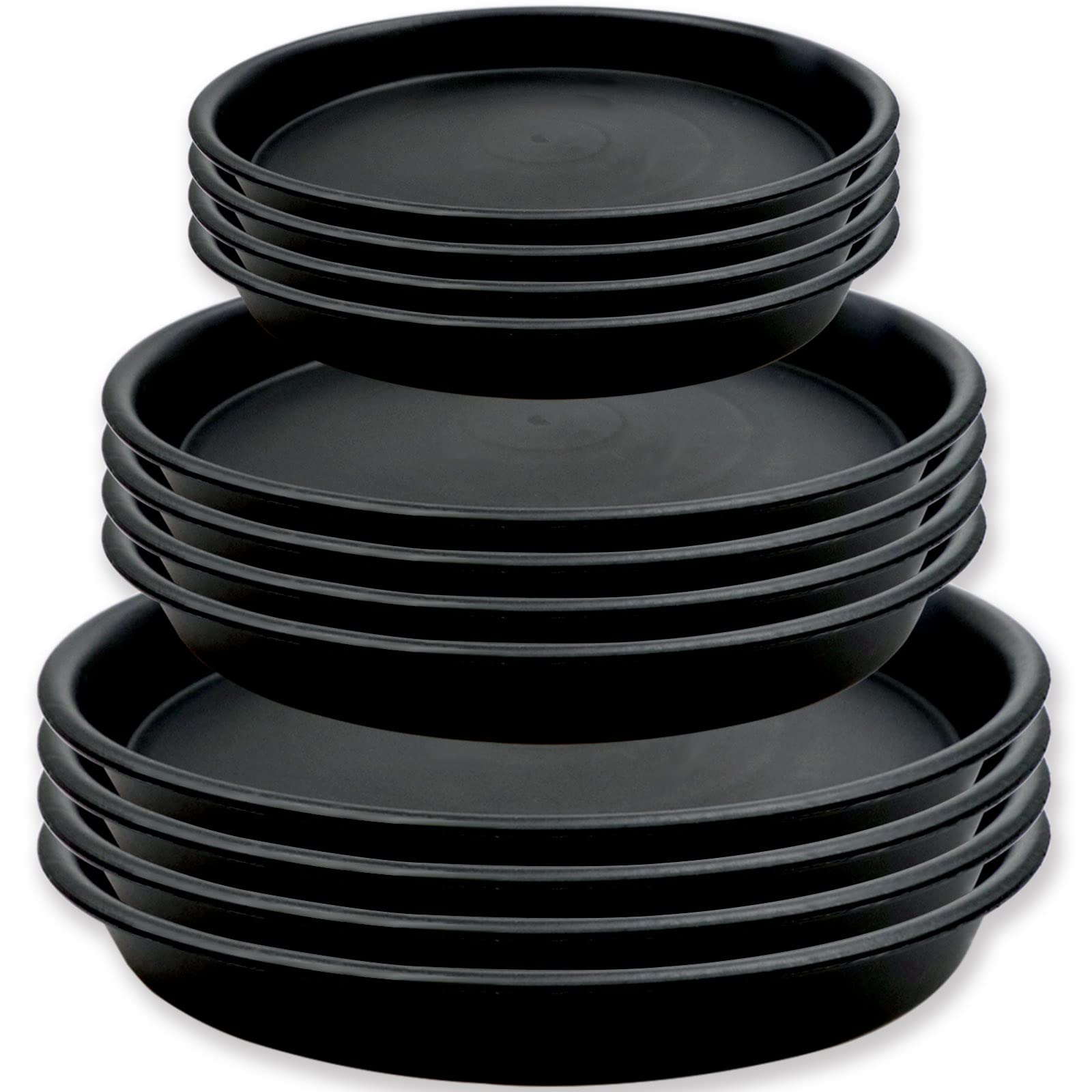 Zacool 12-Pack Black Plastic Plant Saucers - Heavy Duty Drip Trays for Indoor/Outdoor Pots (6.2'', 7.6'', 9.3'') - Flower Pot Drain Catchers for Garden, Balcony & Patio Use