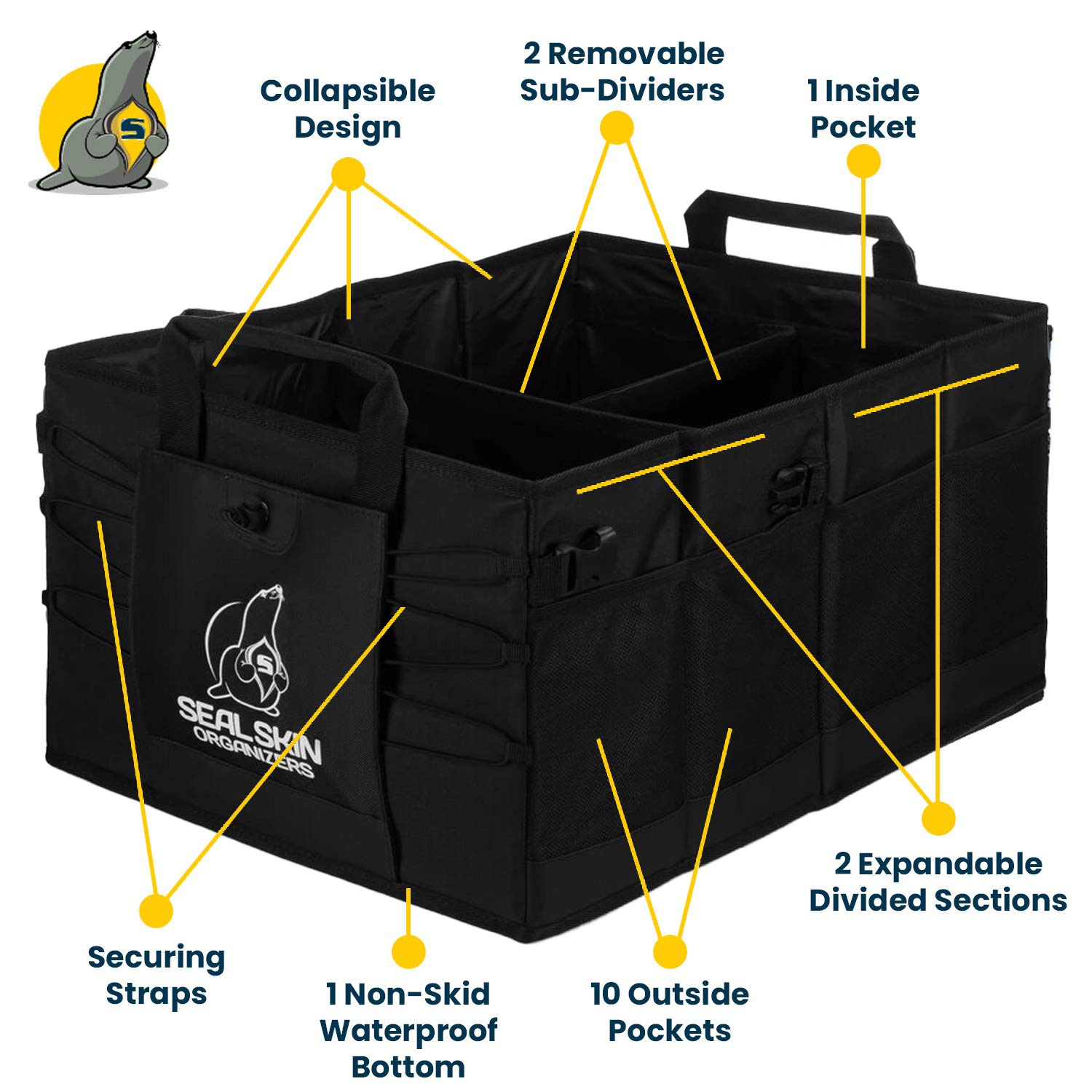 Premium Heavy Duty Collapsible Trunk Organizer for SUV, Car & Truck - 3 Adjustable Sizes, Lightweight & Portable Vehicle Storage - Easy Install Organizer for Travel, Camping & Road Trips - Black